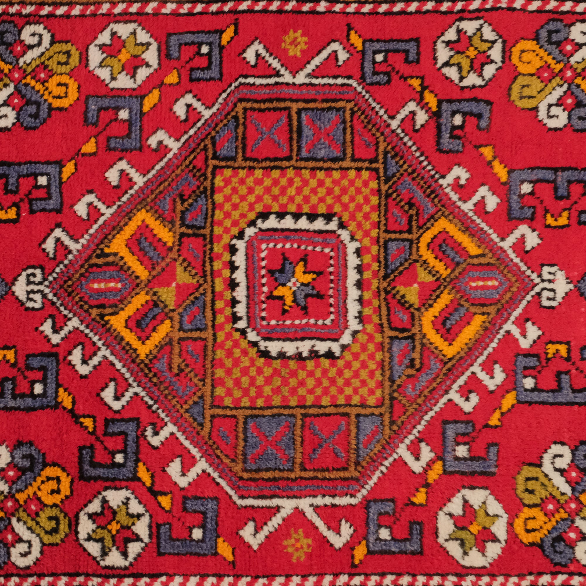 Anatolian Patterned Red Wool Çanakkale Village Woven Carpet