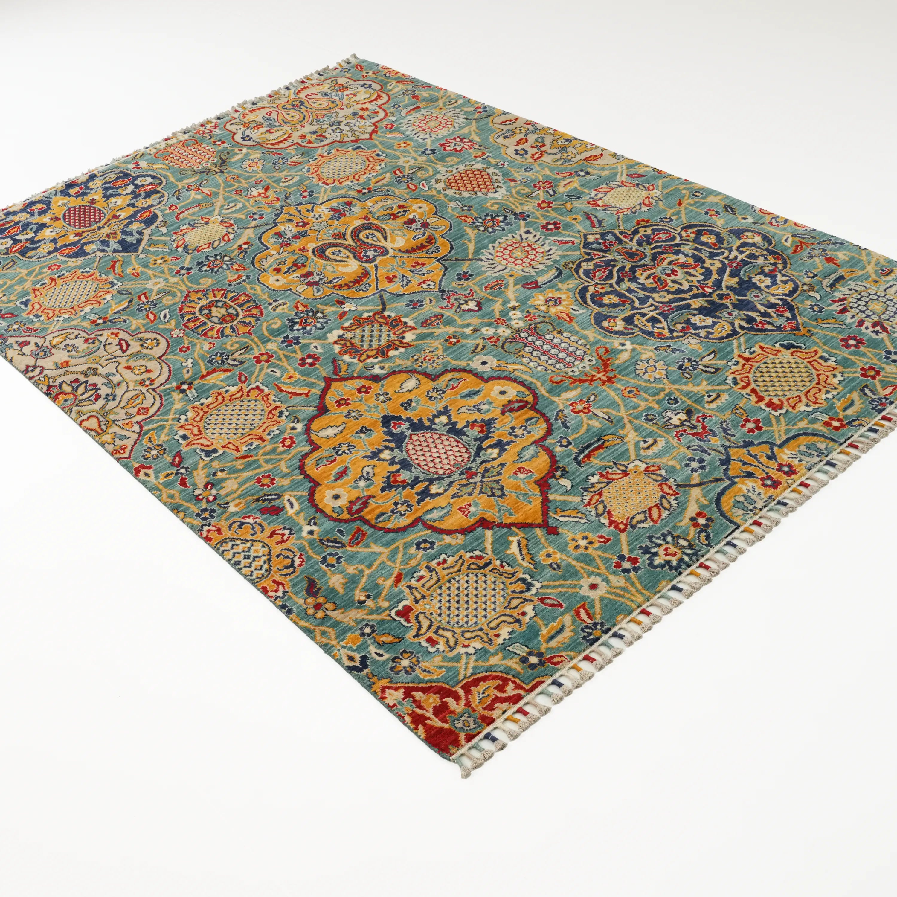 Anatolian Patterned Turquoise Wool Loom Woven Rug