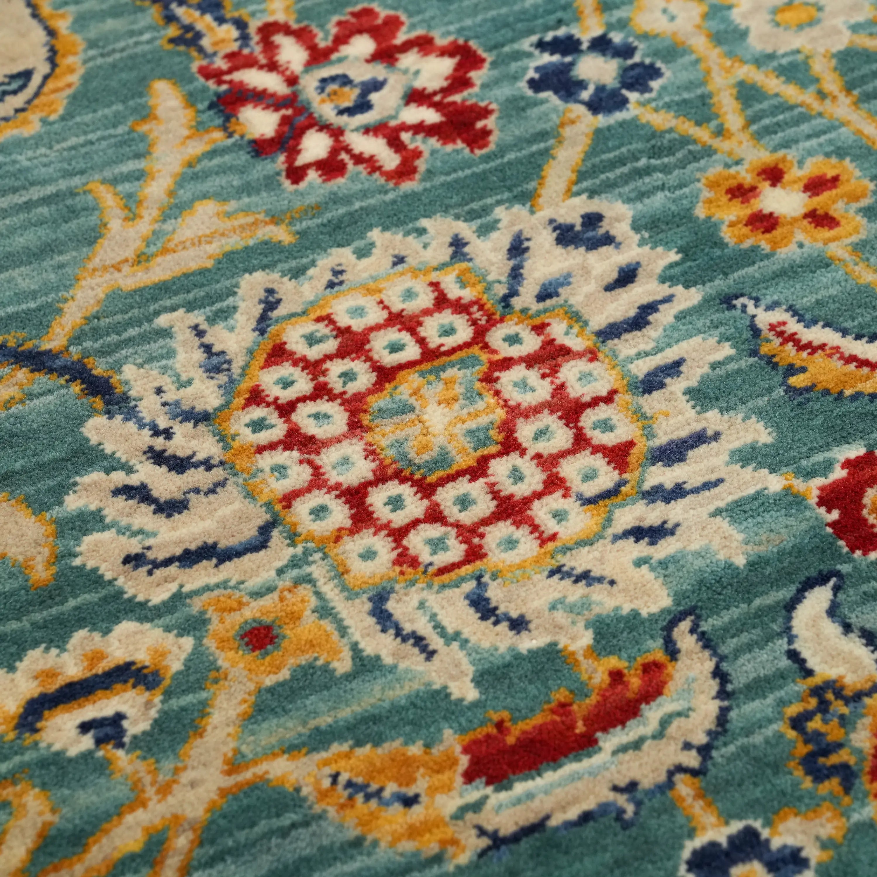 Anatolian Patterned Turquoise Wool Loom Woven Rug