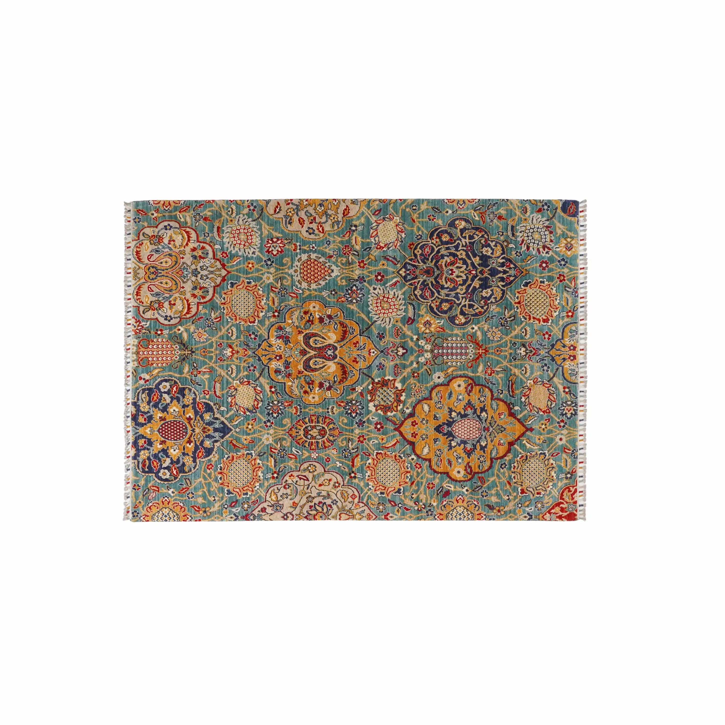 Anatolian Patterned Turquoise Wool Loom Woven Rug