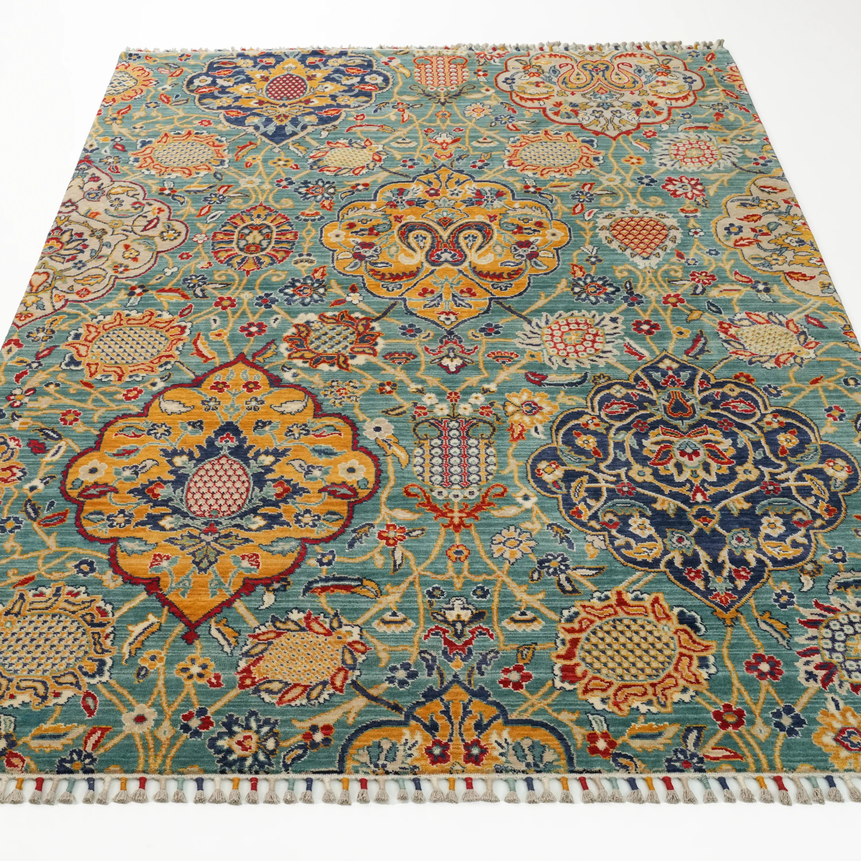 Anatolian Patterned Turquoise Wool Loom Woven Rug