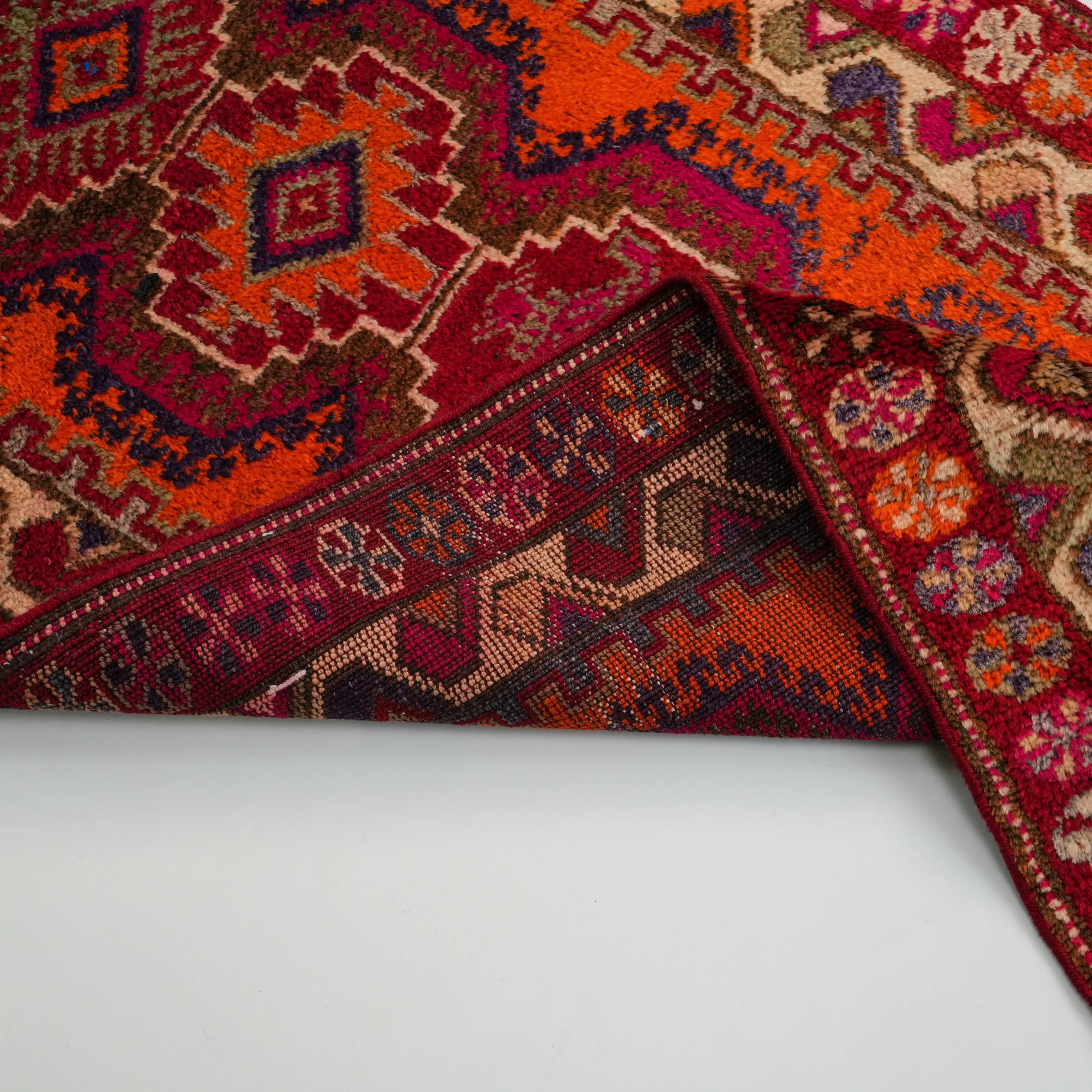 Anatolian Patterned Orange Chest Old Wool Herki Village Woven Rug