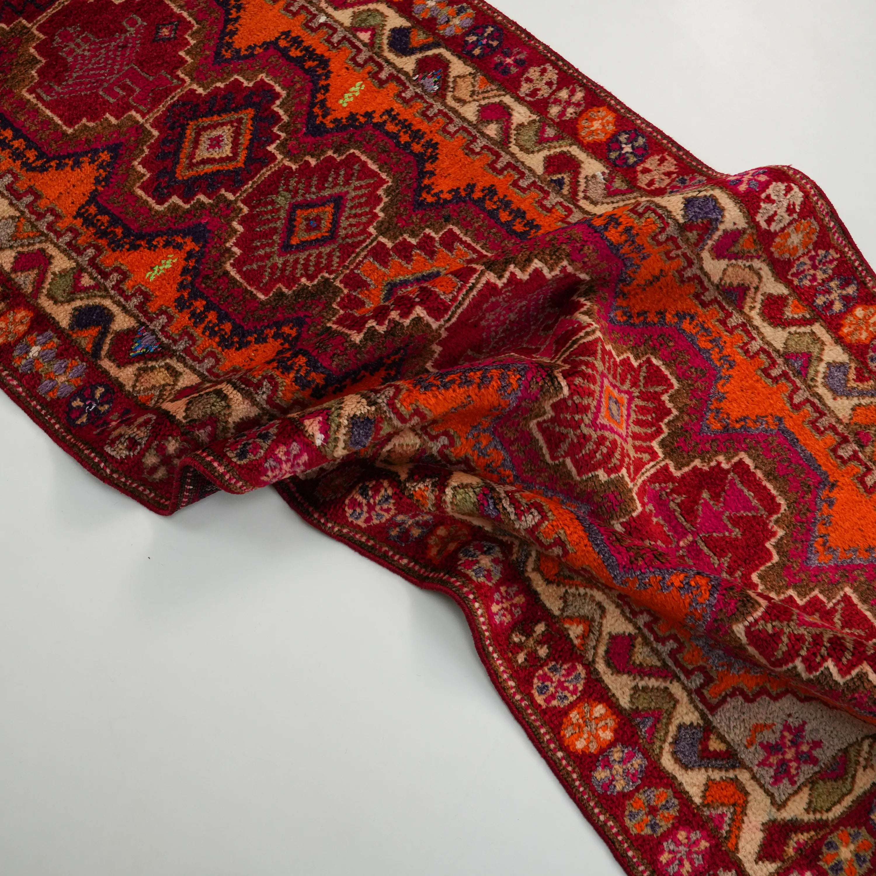 Anatolian Patterned Orange Chest Old Wool Herki Village Woven Rug