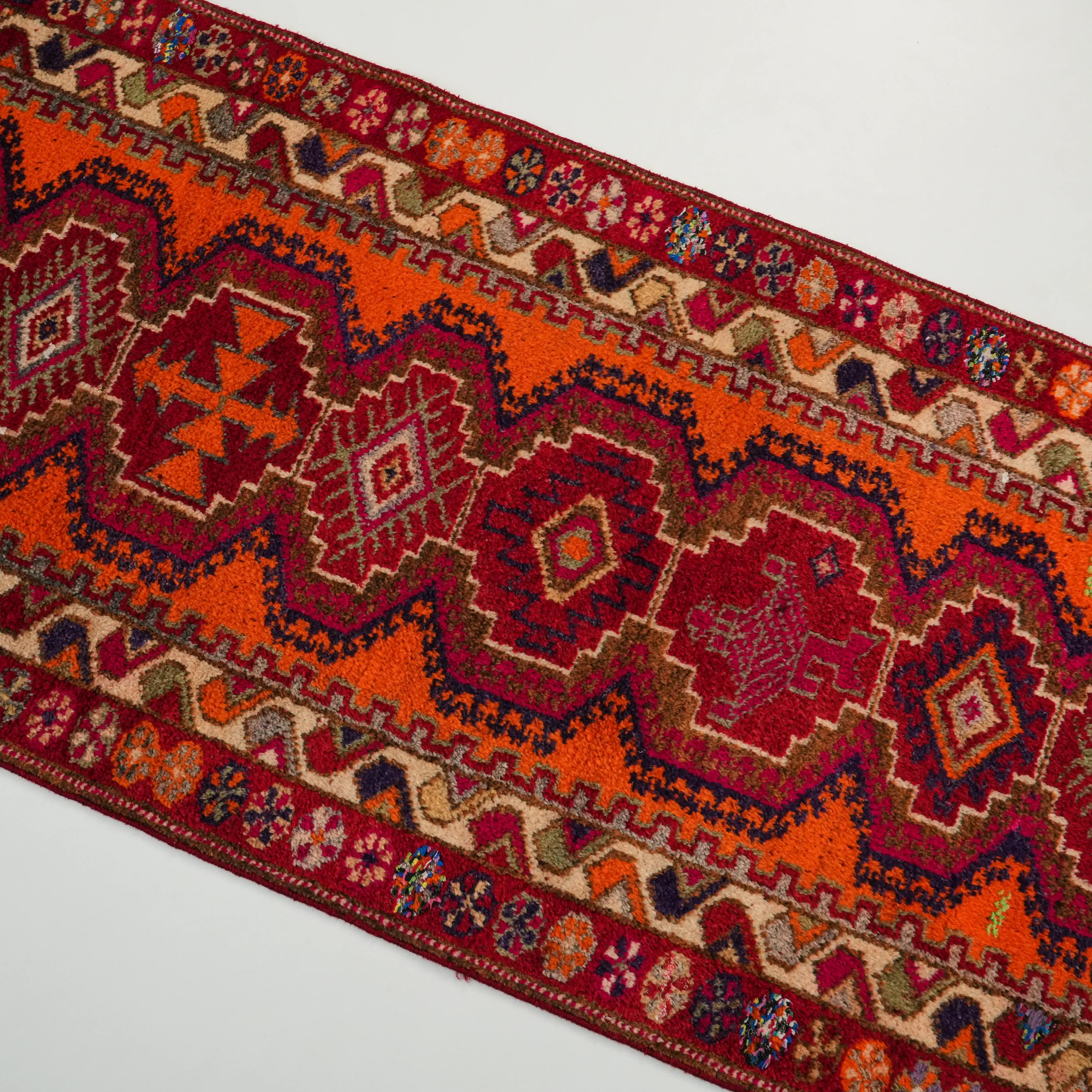 Anatolian Patterned Orange Chest Old Wool Herki Village Woven Rug