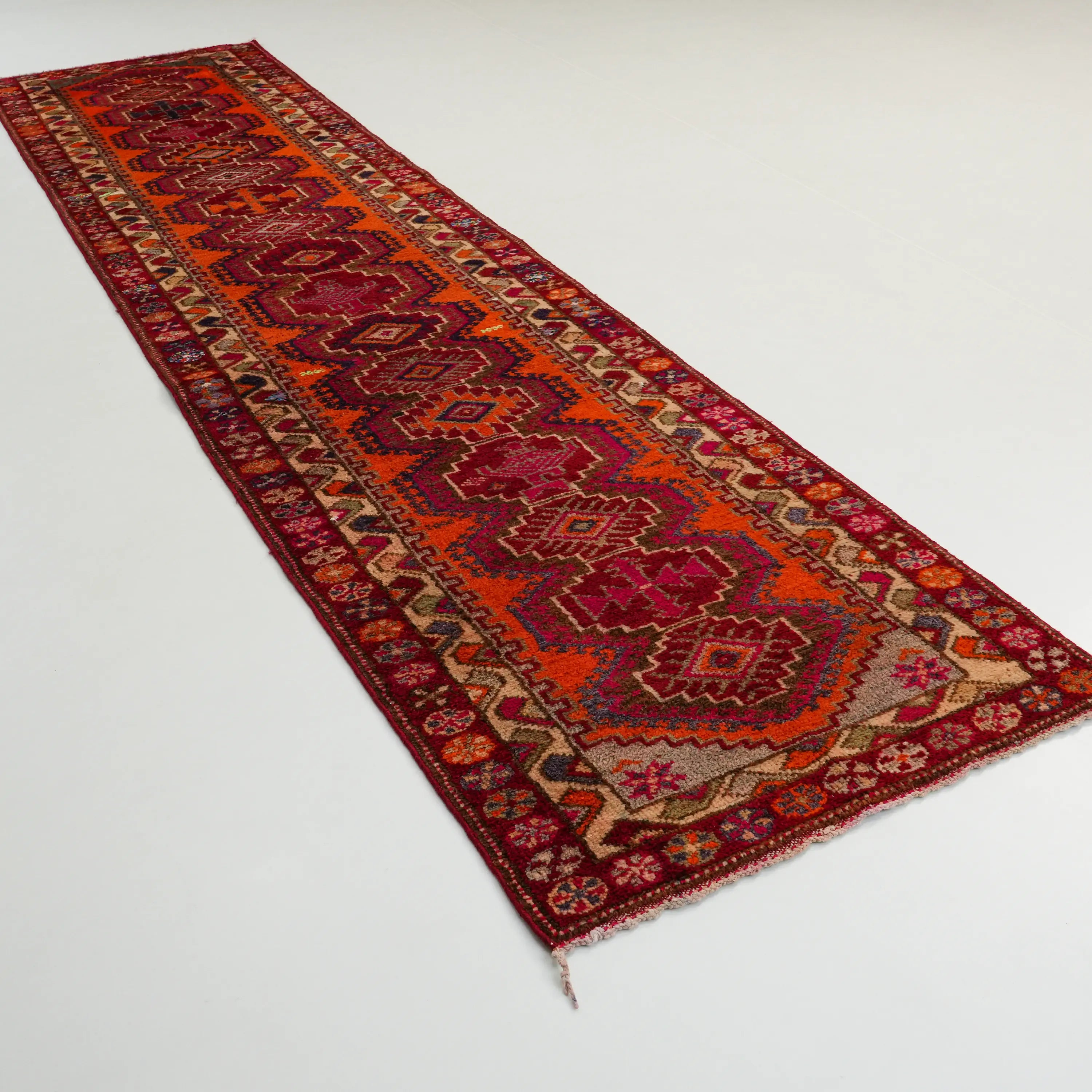 Anatolian Patterned Orange Chest Old Wool Herki Village Woven Rug