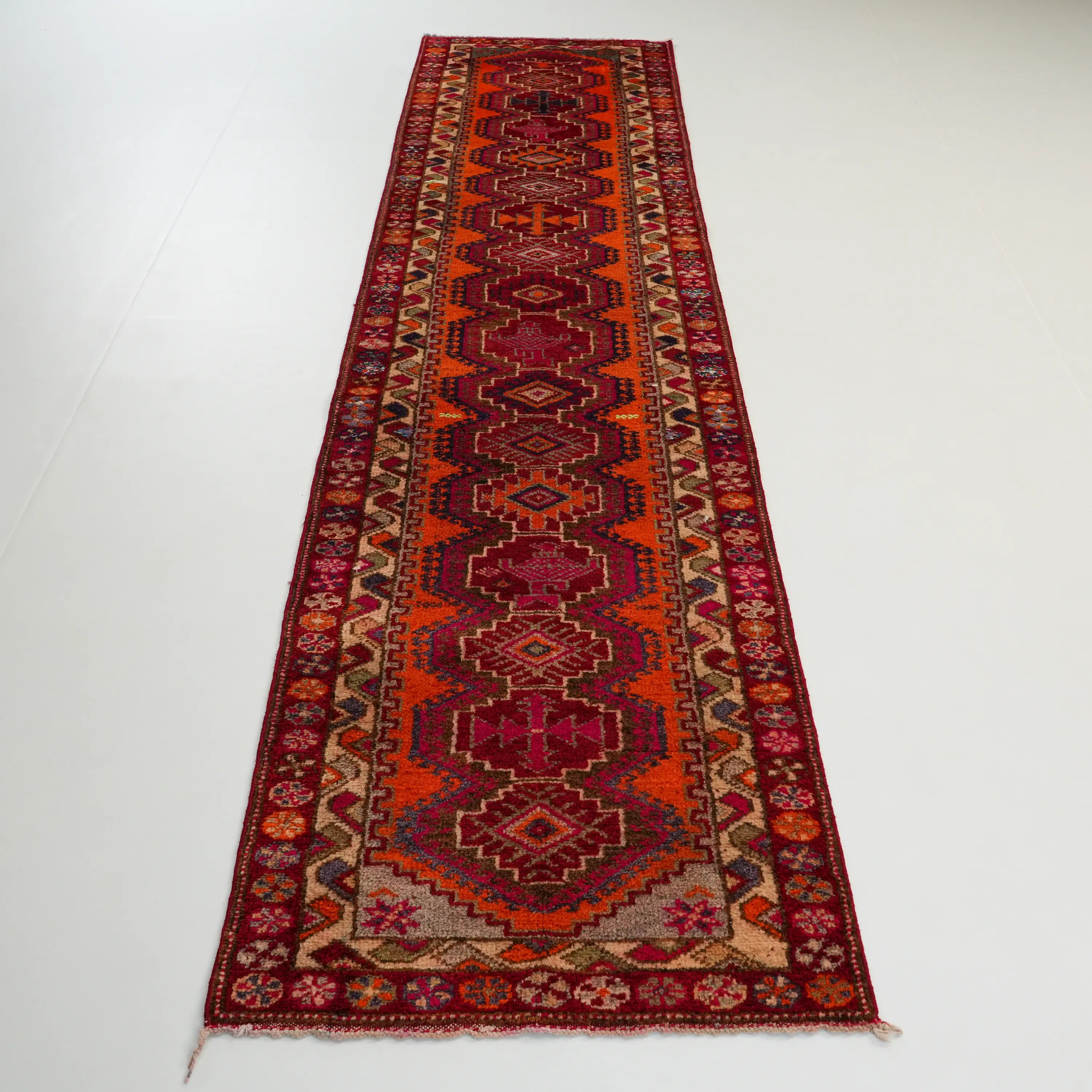 Anatolian Patterned Orange Chest Old Wool Herki Village Woven Rug