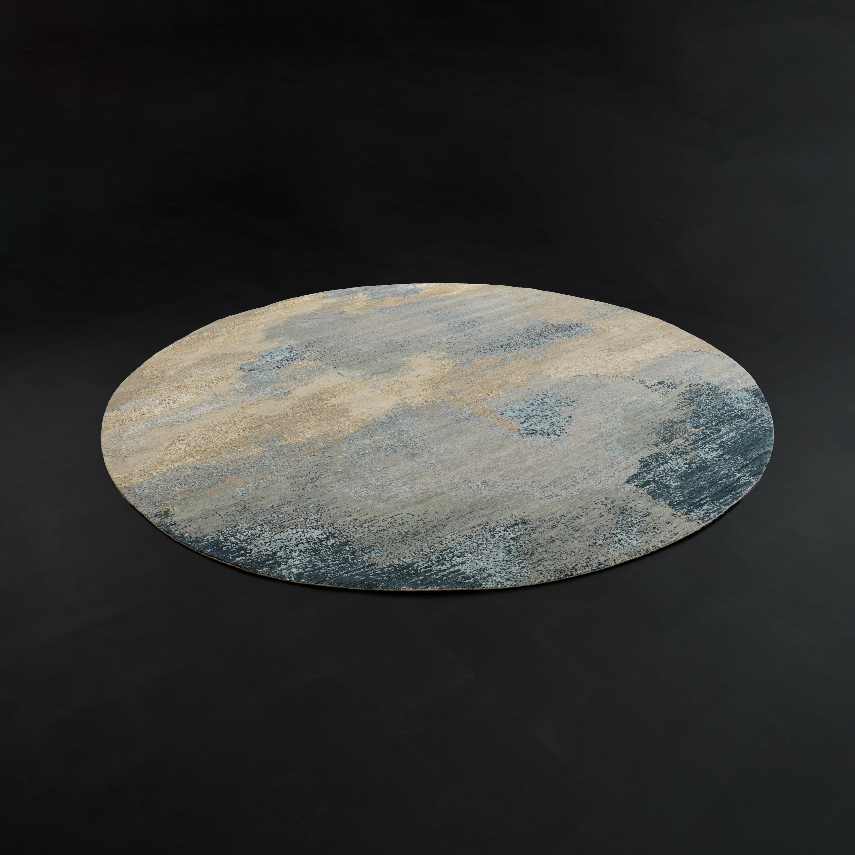 Aren Serisi El Dokuma Soyut Desenli Gri İpekli Yün Yuvarlak Halı