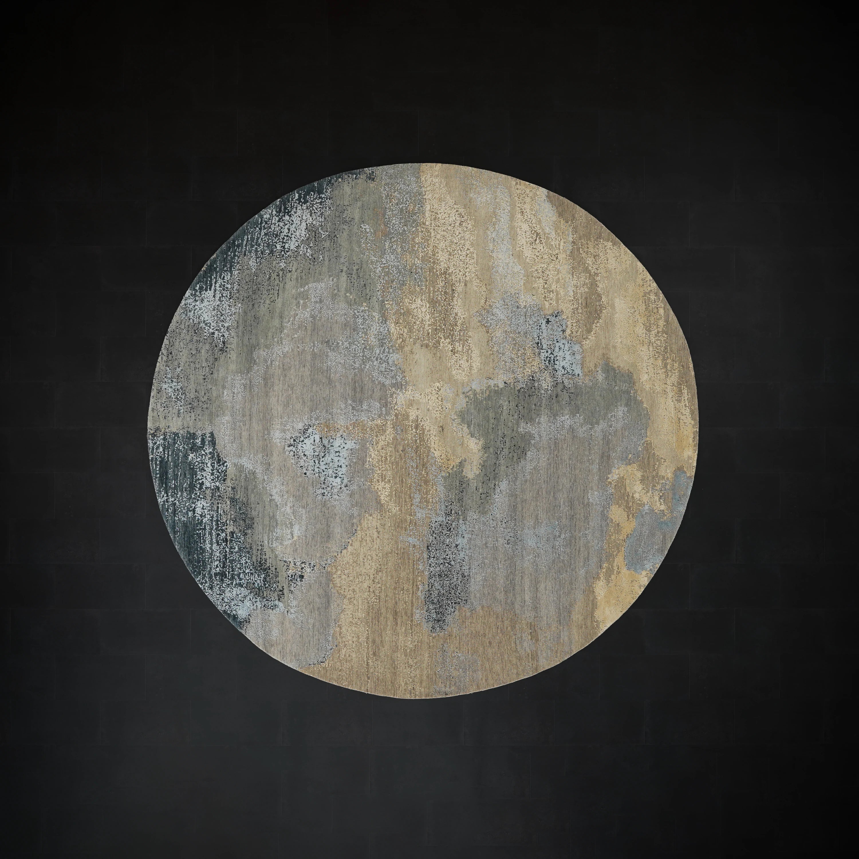 Aren Serisi El Dokuma Soyut Desenli Gri İpekli Yün Yuvarlak Halı