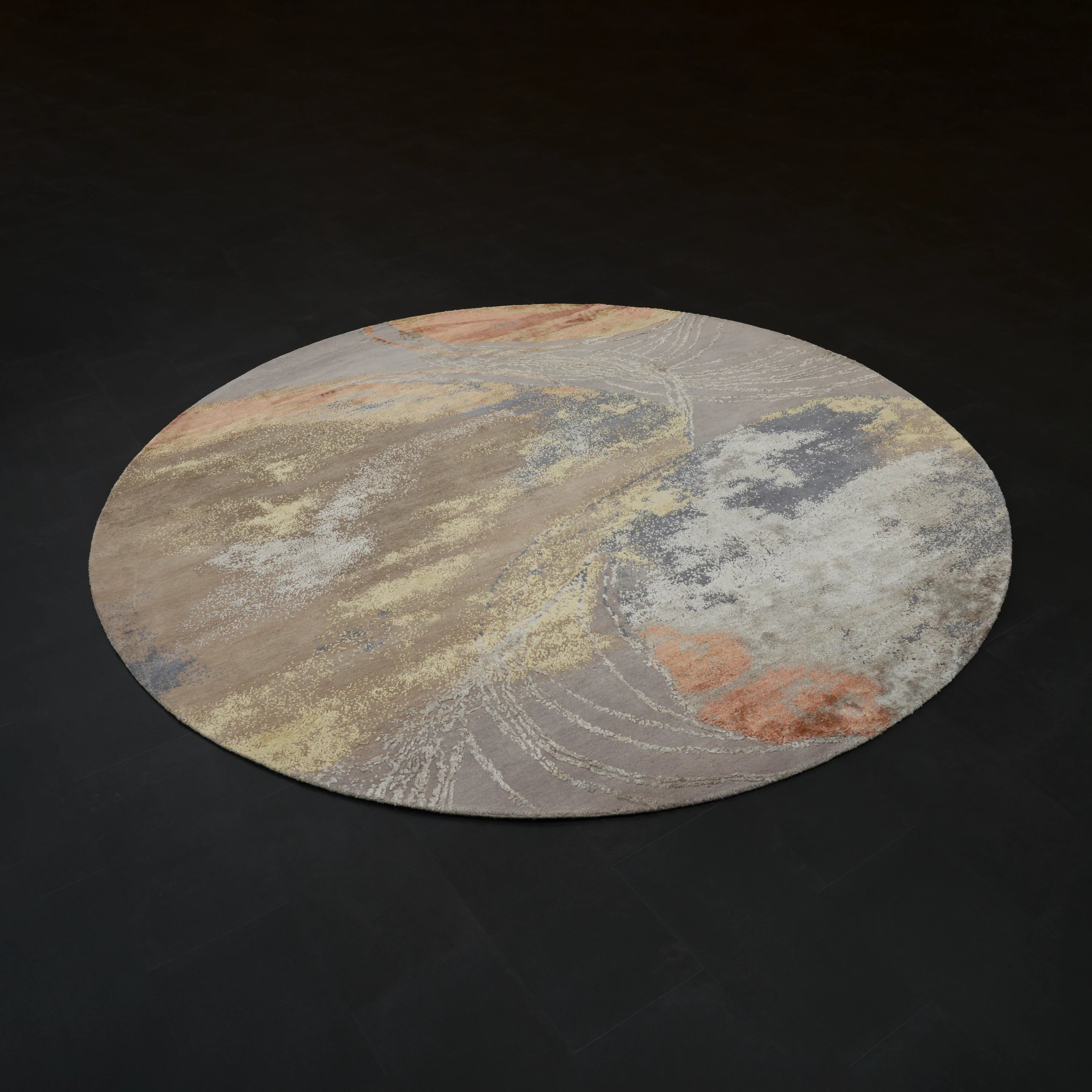 Aren Serisi El Dokuma Soyut Desenli Gri Yün İpekli Yuvarlak Halı