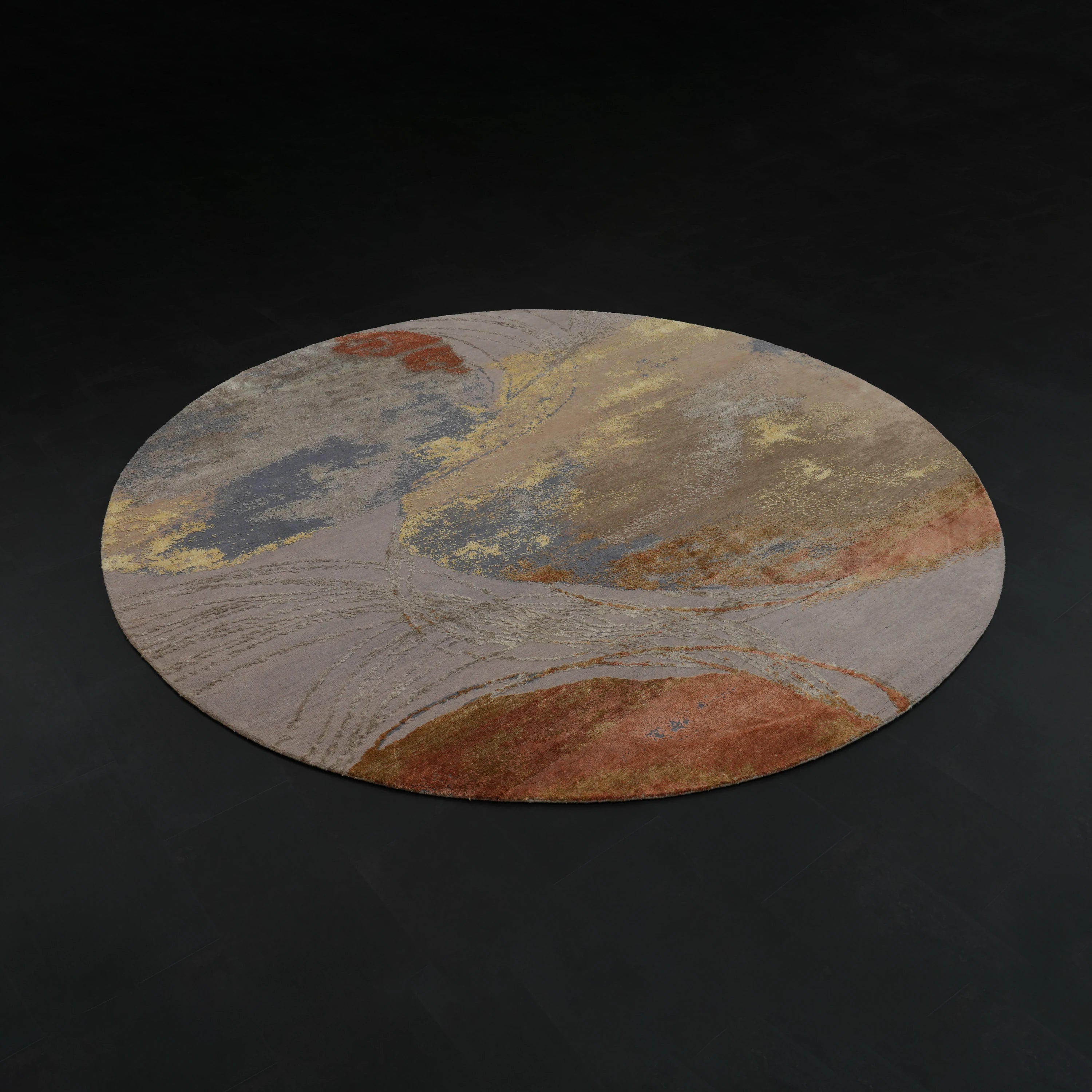 Aren Serisi El Dokuma Soyut Desenli Gri Yün İpekli Yuvarlak Halı