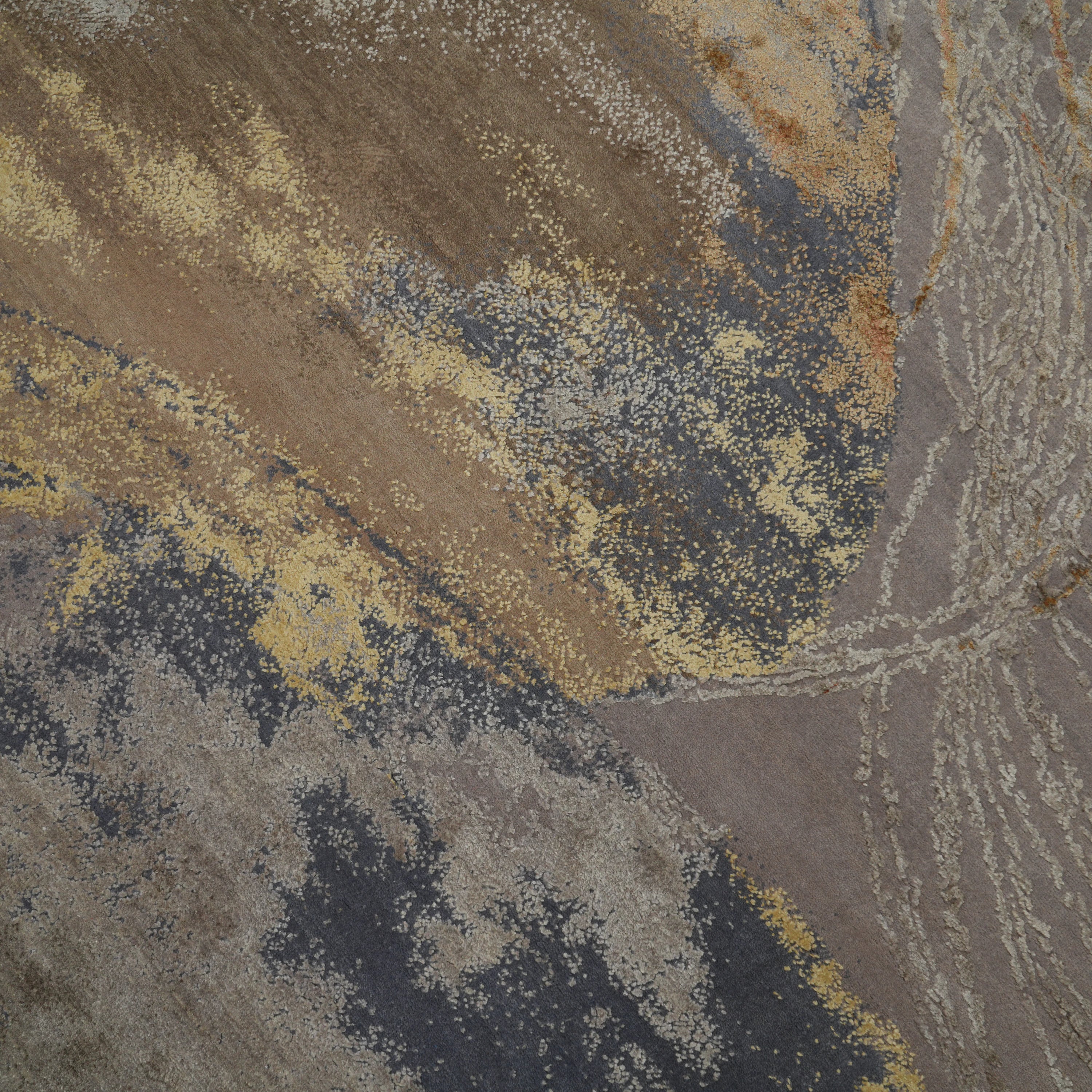 Aren Serisi El Dokuma Soyut Desenli Gri Yün İpekli Yuvarlak Halı