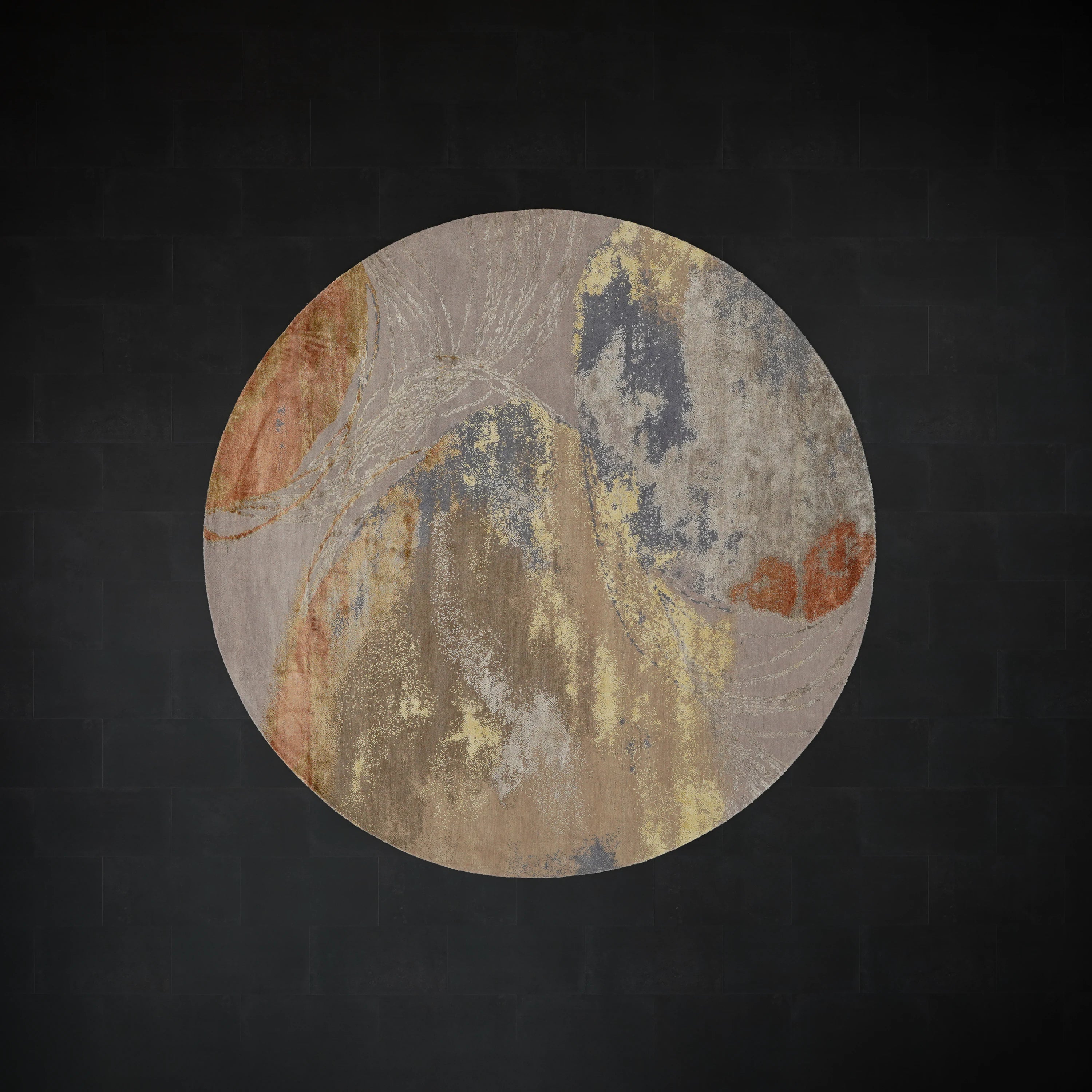 Aren Serisi El Dokuma Soyut Desenli Gri Yün İpekli Yuvarlak Halı