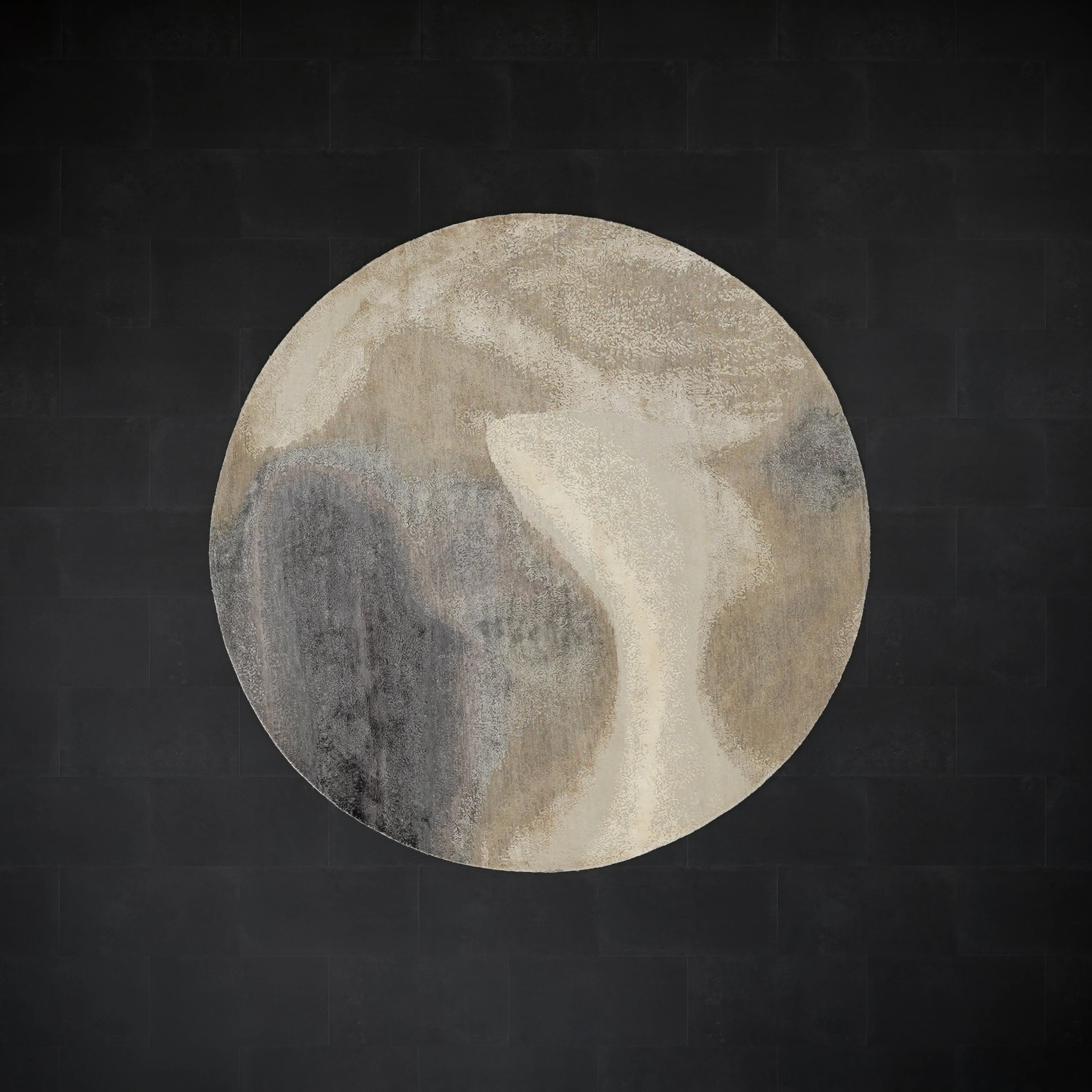 Aren Serisi El Dokuma Soyut Desenli İpekli Yün Gri Yuvarlak Halı