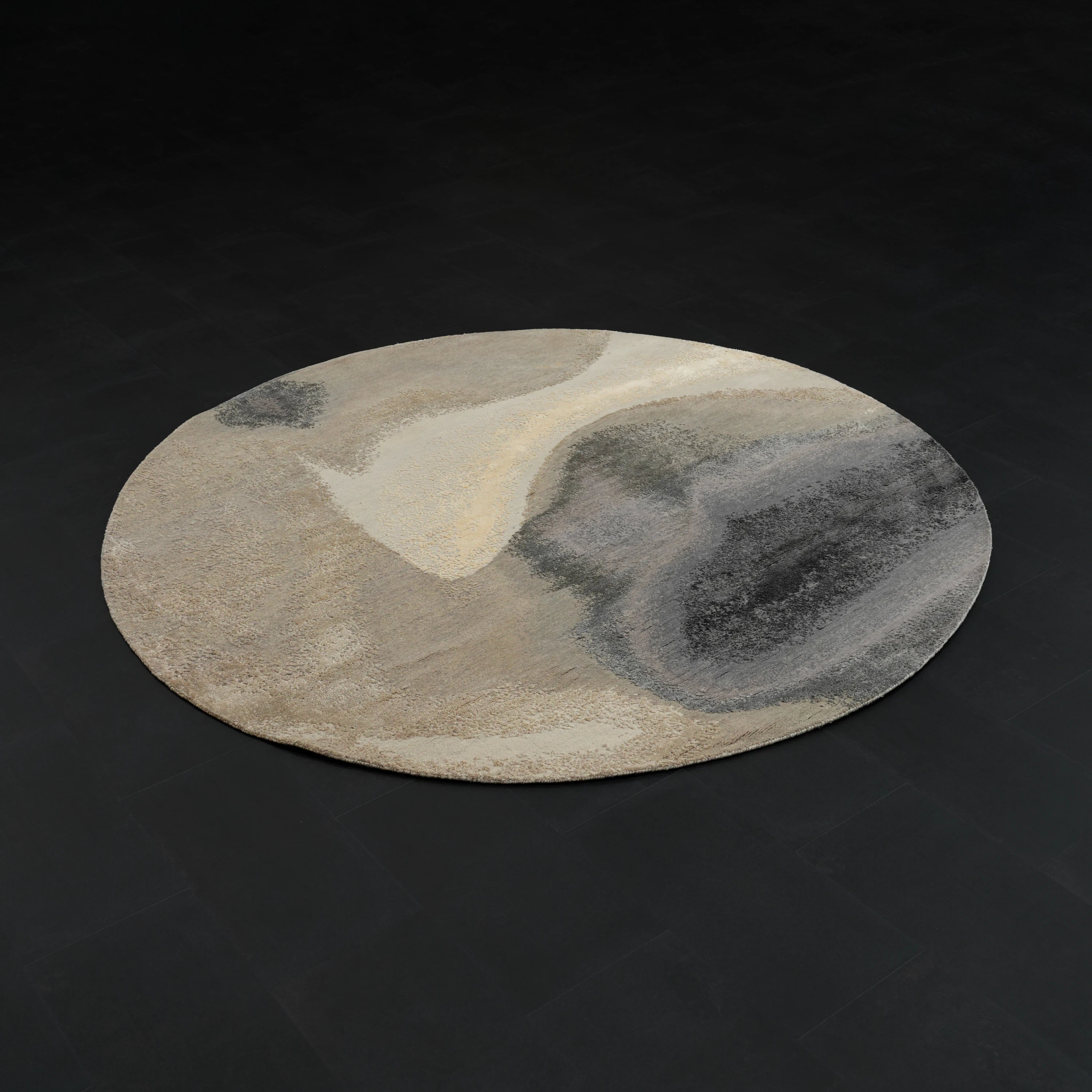 Aren Serisi El Dokuma Soyut Desenli İpekli Yün Gri Yuvarlak Halı