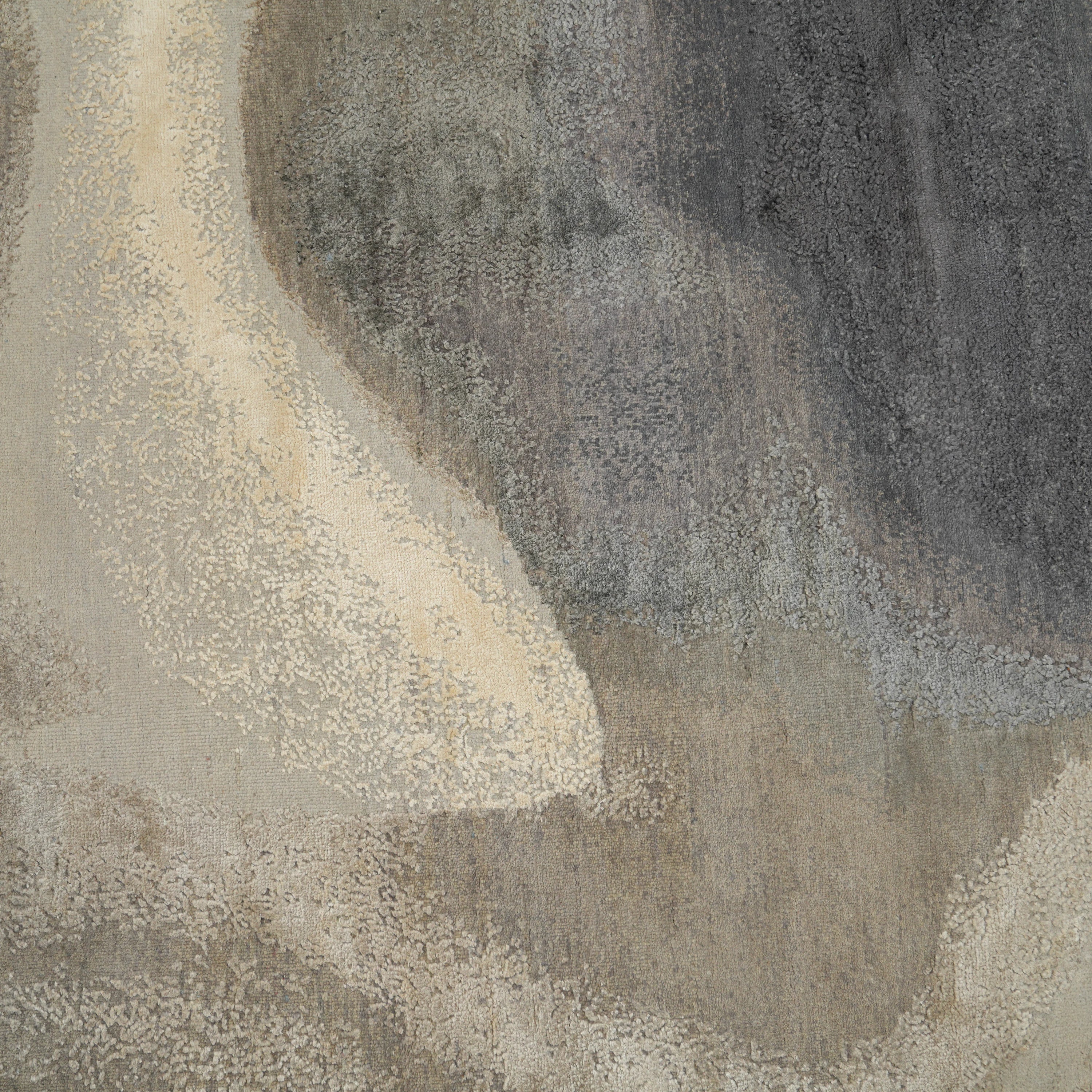 Aren Serisi El Dokuma Soyut Desenli İpekli Yün Gri Yuvarlak Halı