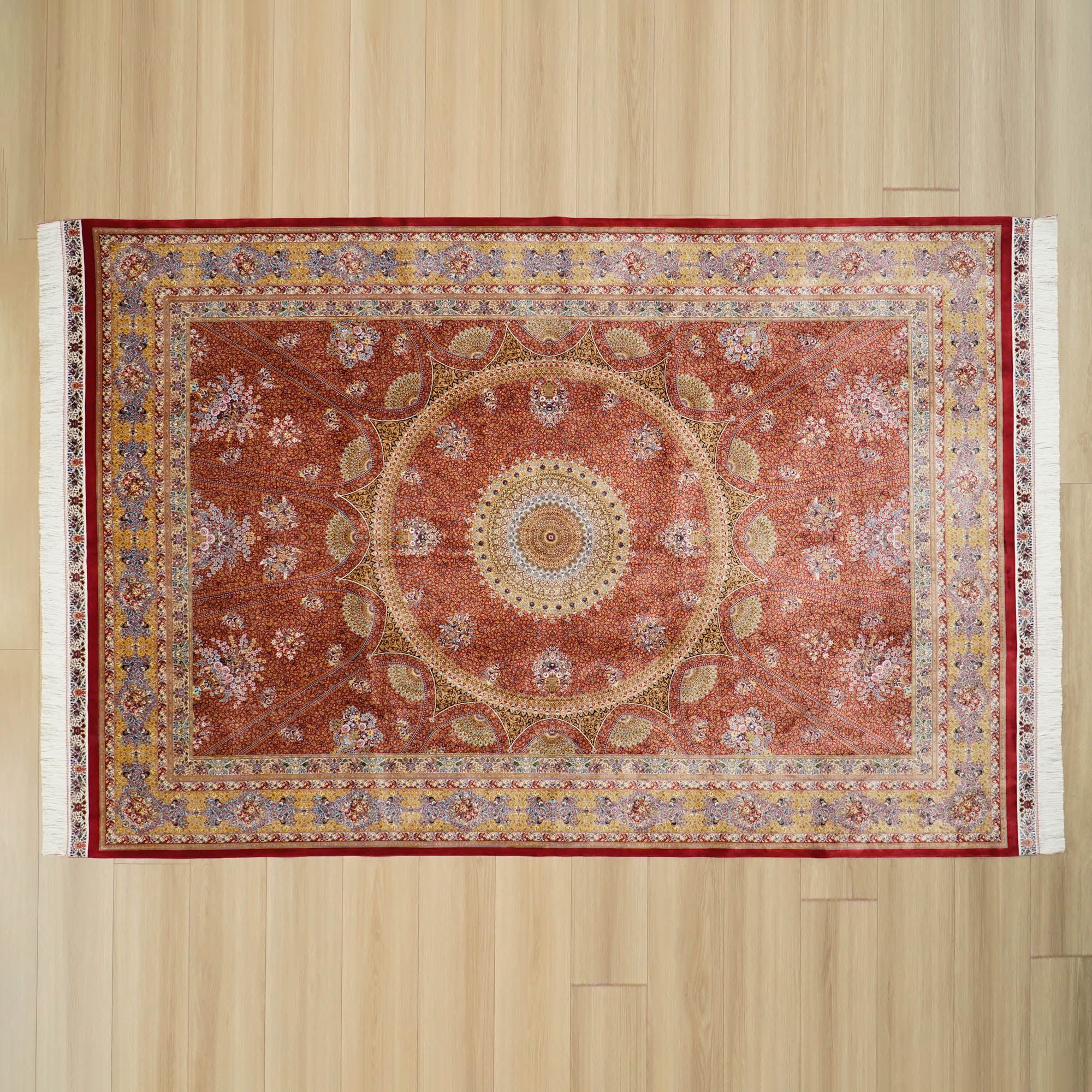 Flower Patterned Red Silk Carpet