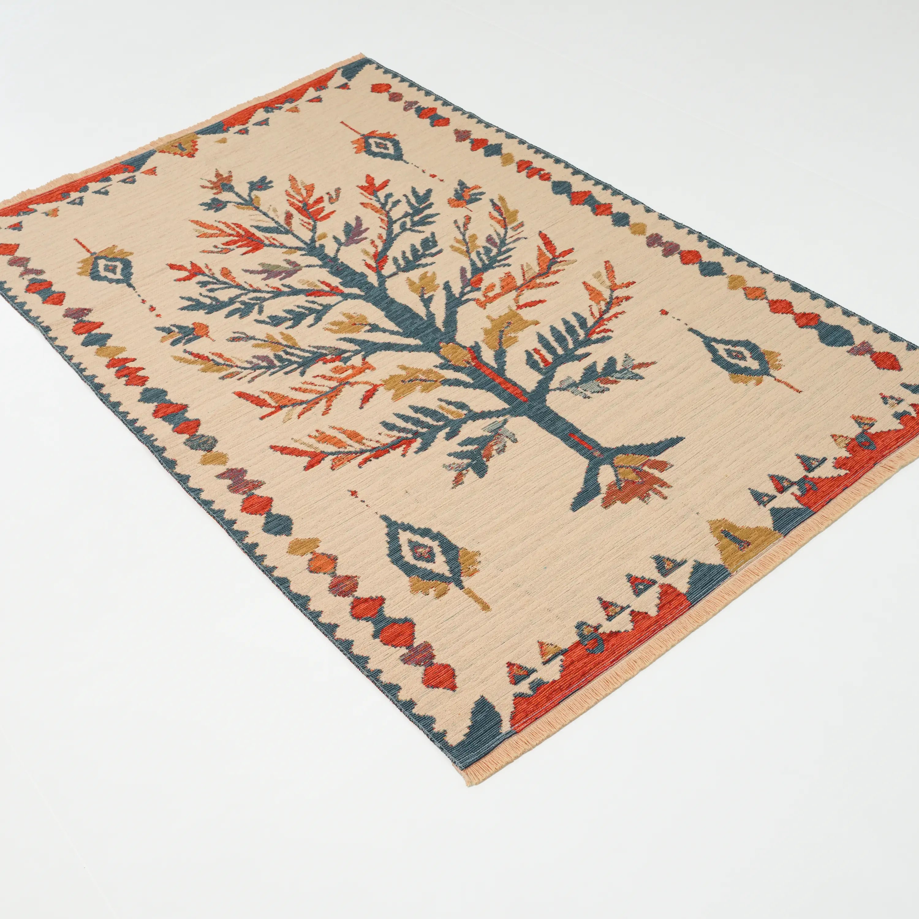 Çiçek Desenli Krem Pamuk Kilim