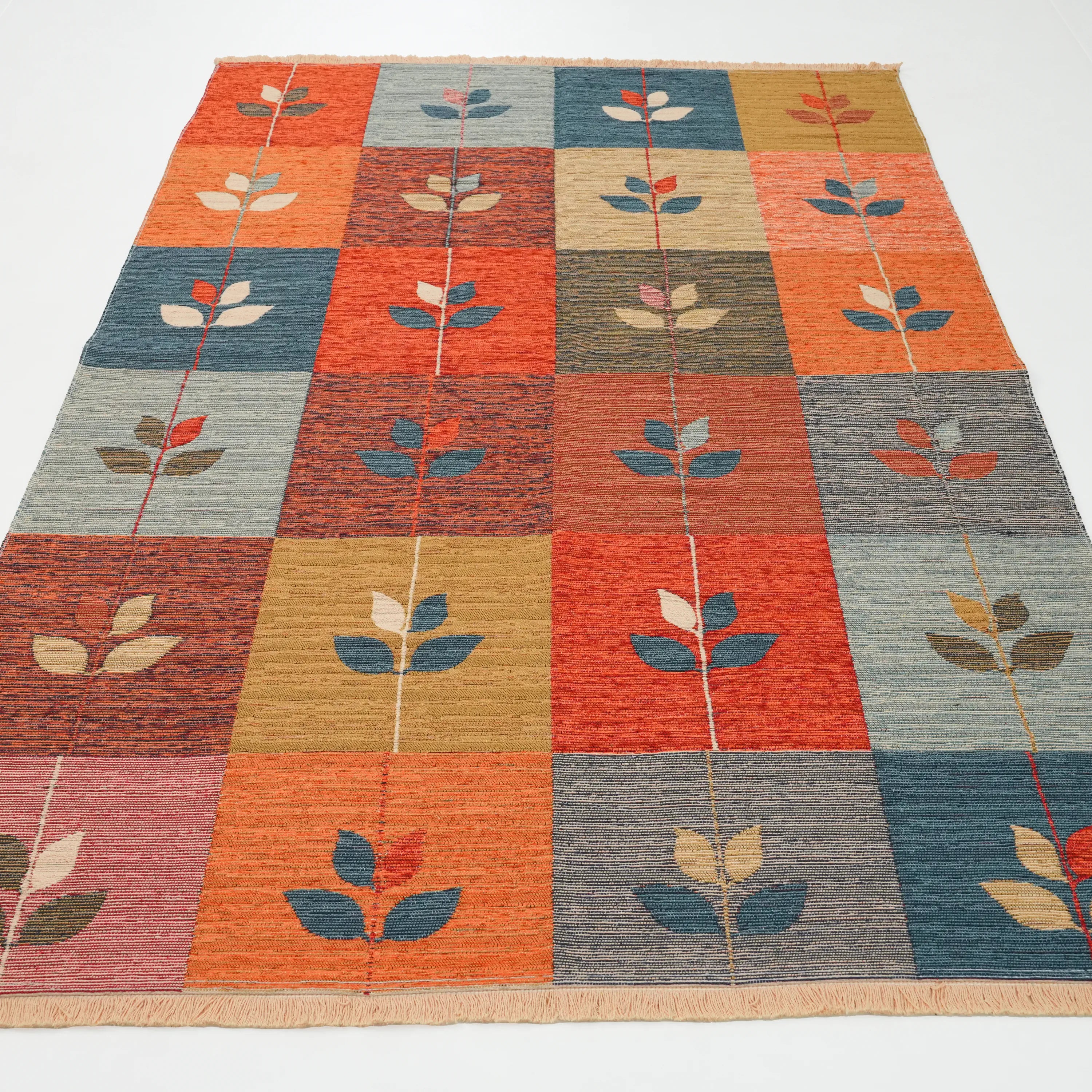 Flower Patterned Colorful Cotton Kilim