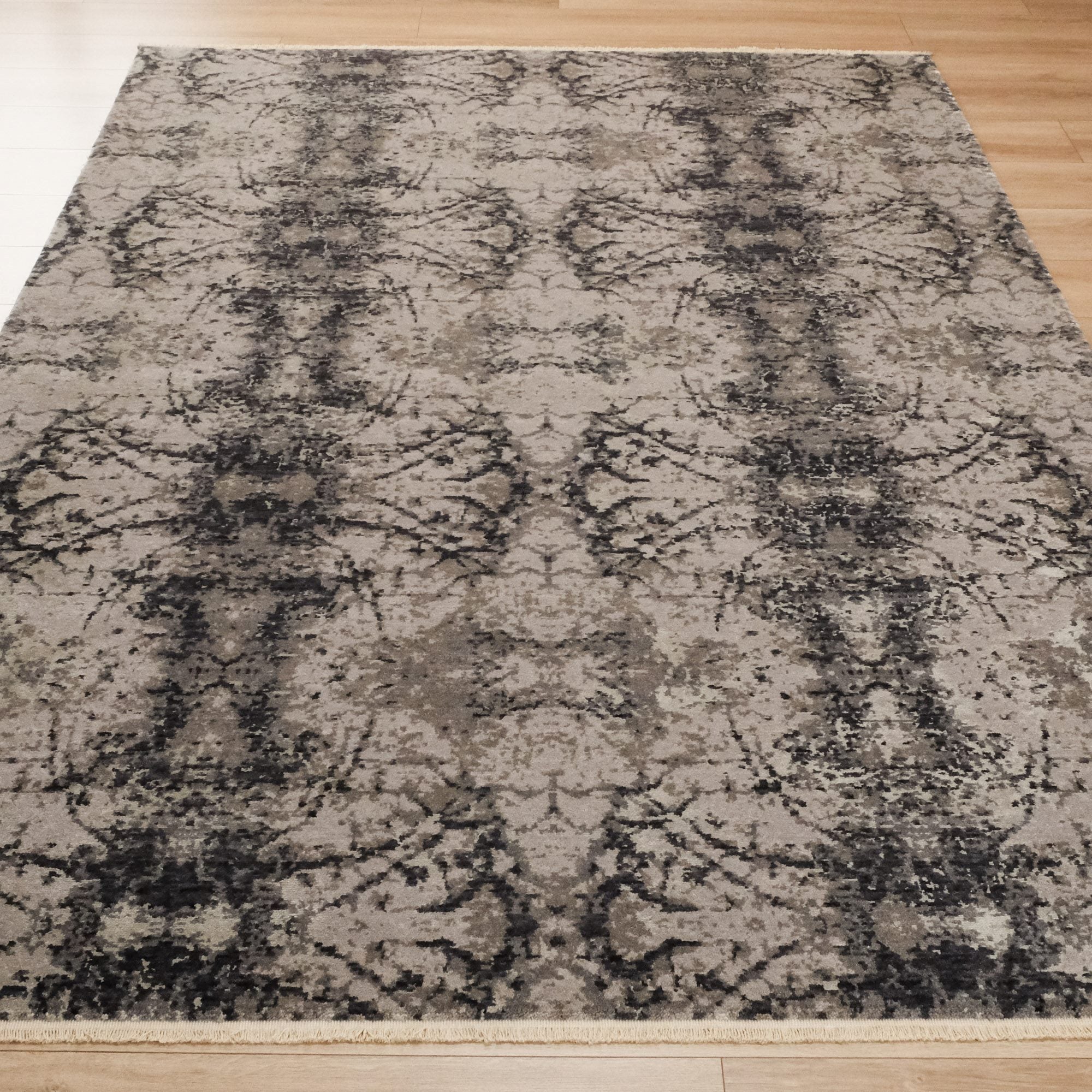 Tezgah Dokuma Soyut Desenli Gri Yün Halı