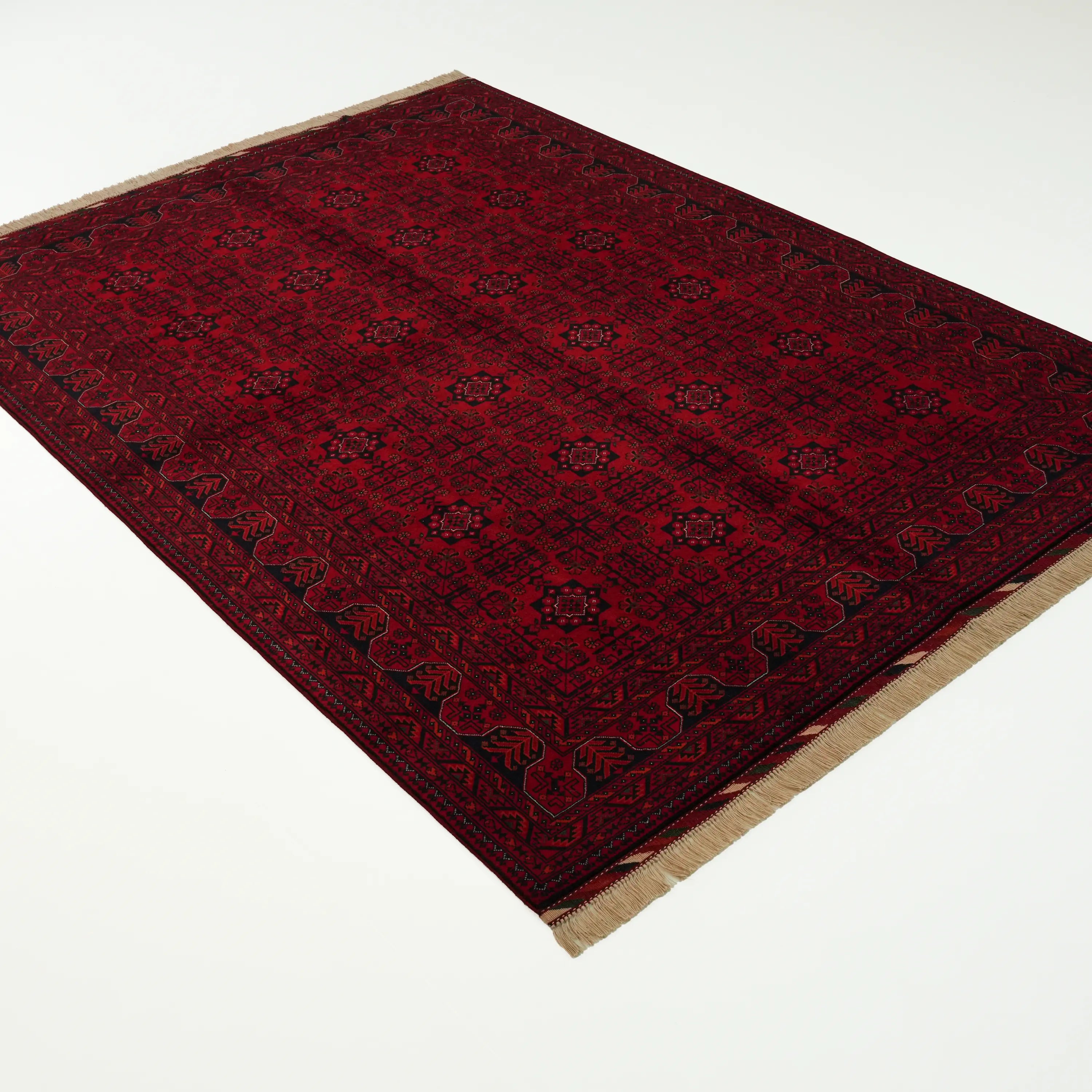 El Dokuma Afgan Desenli Bordo Yün Bilicik Klasik Halı