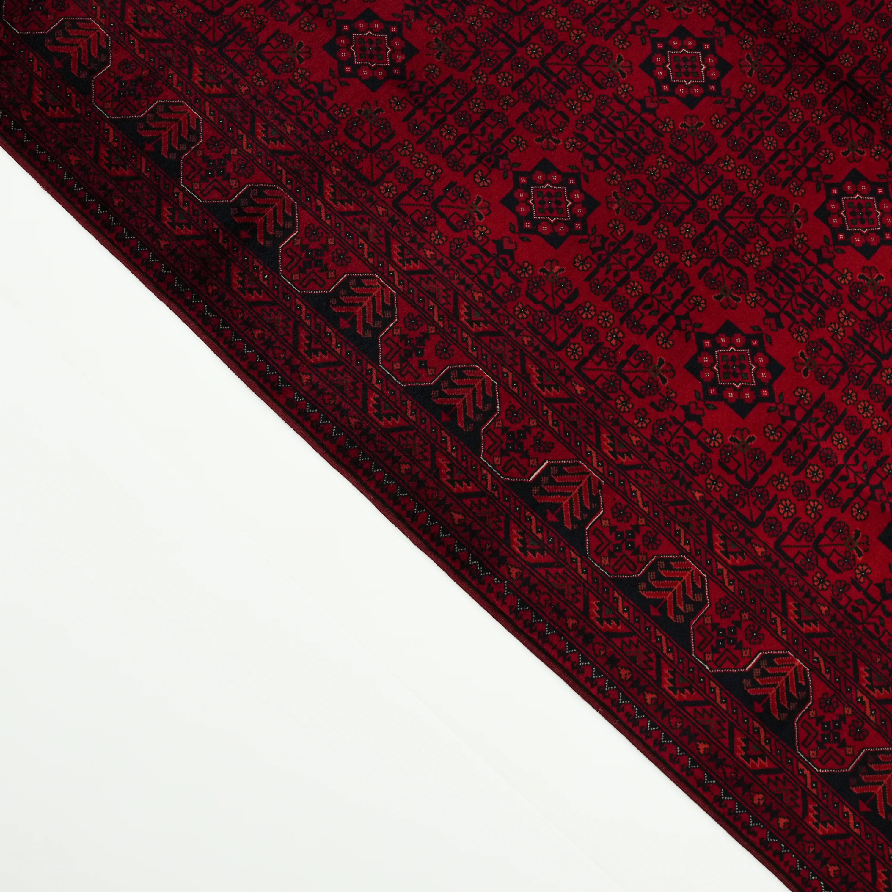 El Dokuma Afgan Desenli Bordo Yün Bilicik Klasik Halı