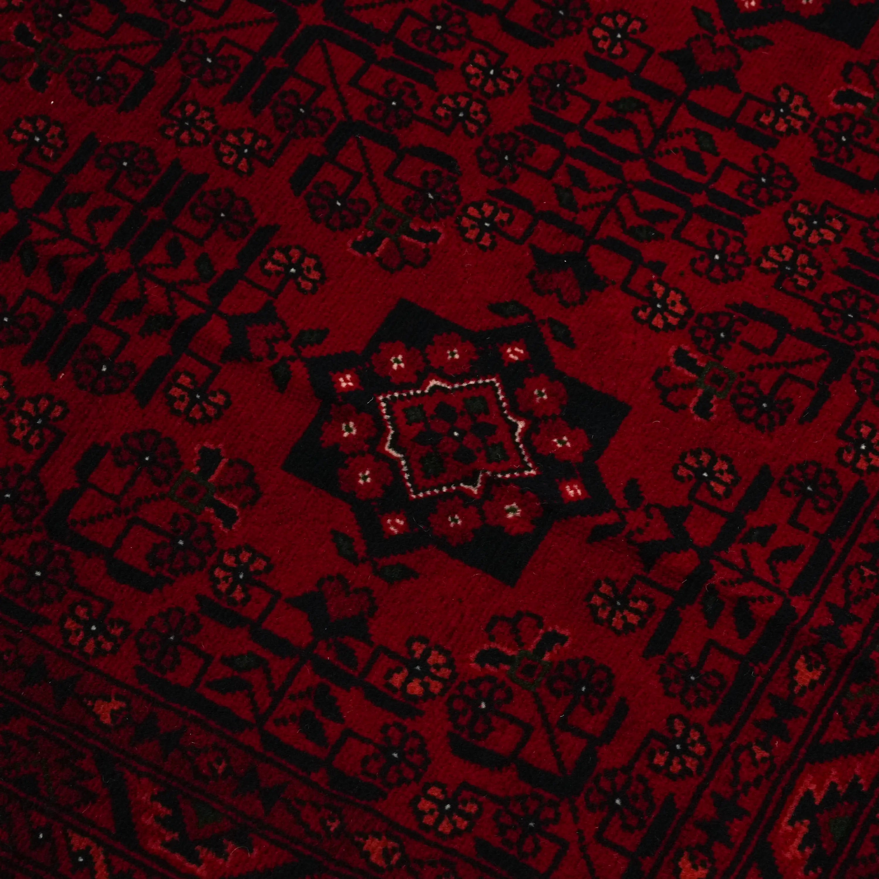 El Dokuma Afgan Desenli Bordo Yün Bilicik Klasik Halı