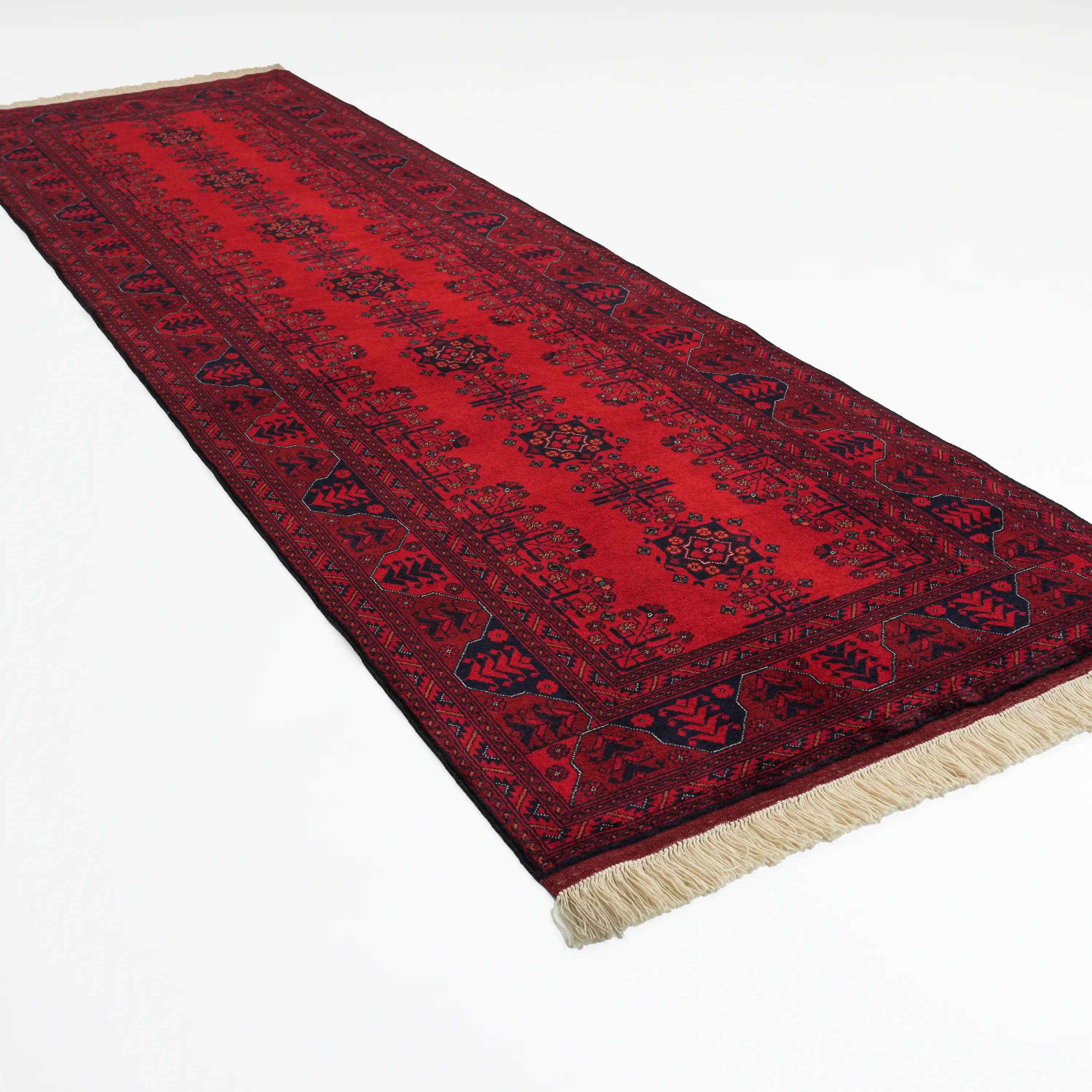 El Dokuma Afgan Desenli Bordo Yün Bilicik Koridor Halısı