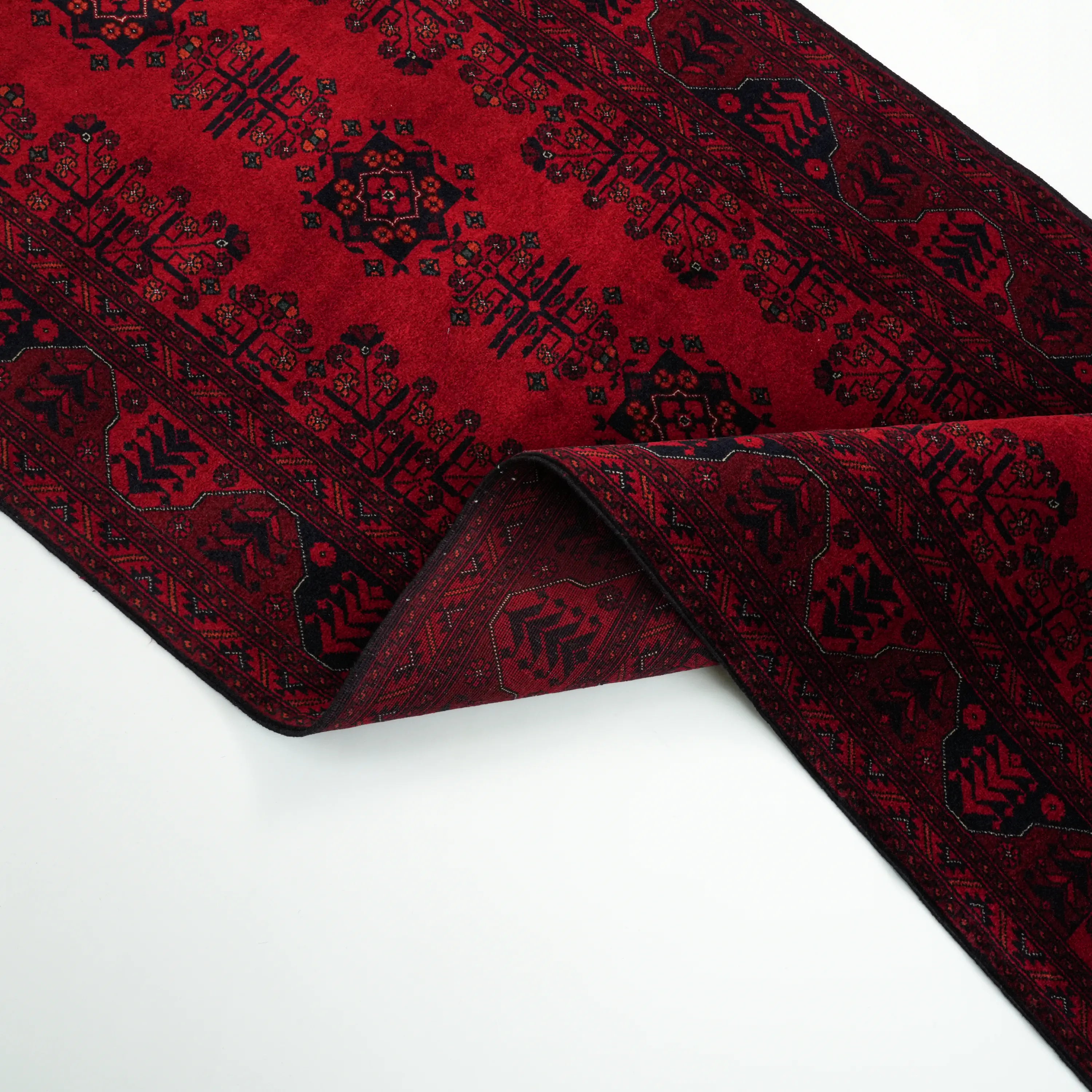 El Dokuma Afgan Desenli Bordo Yün Bilicik Koridor Halısı