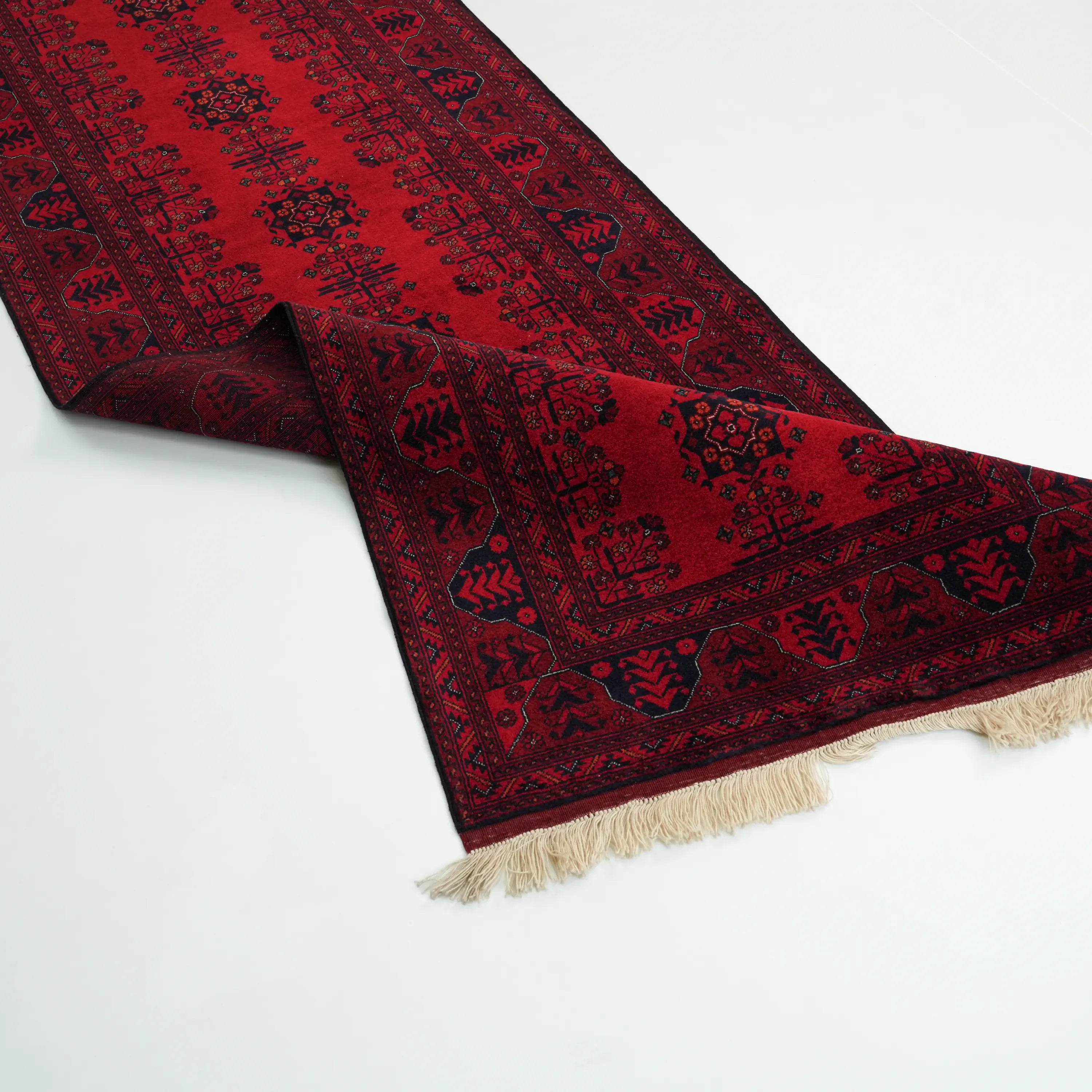 El Dokuma Afgan Desenli Bordo Yün Bilicik Koridor Halısı