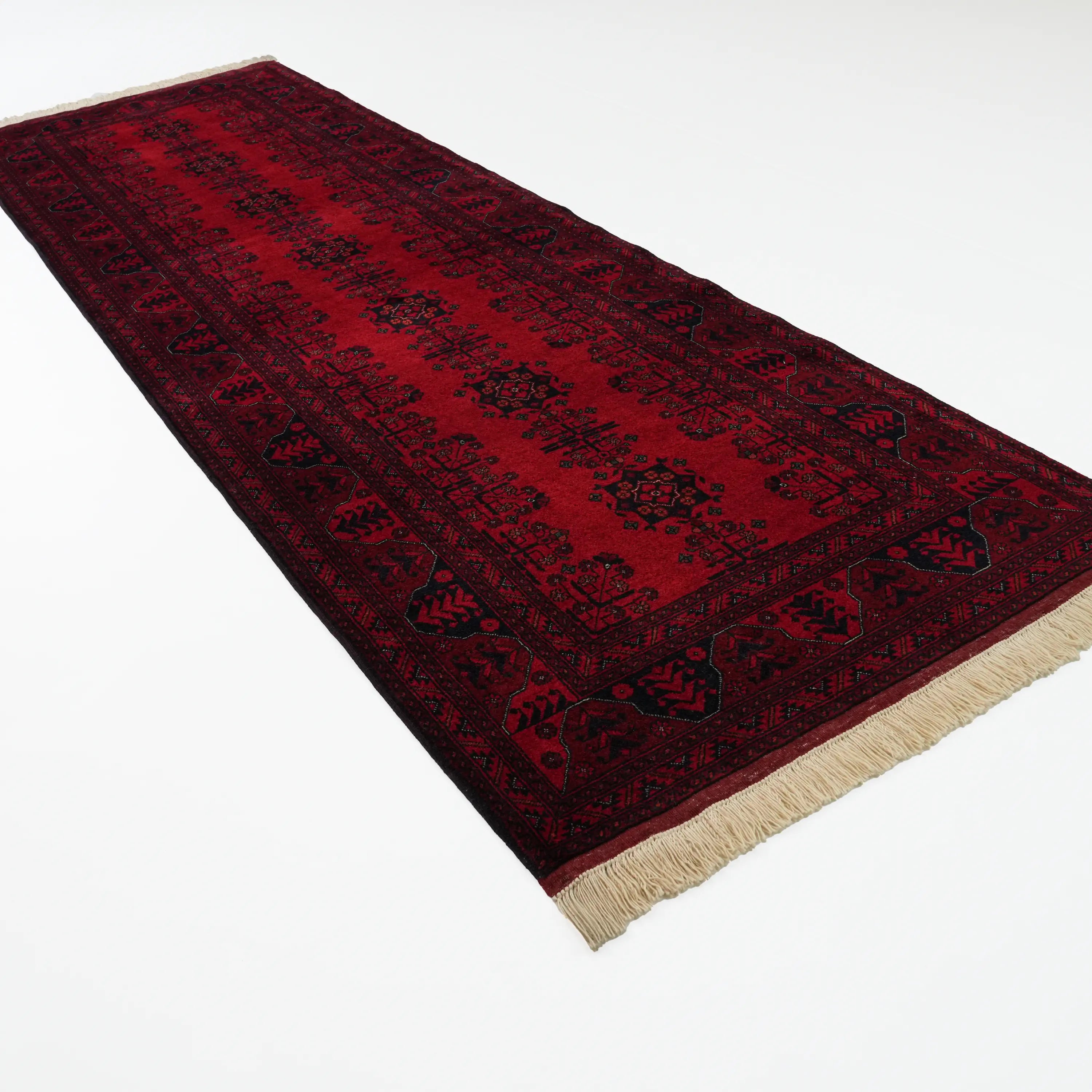 El Dokuma Afgan Desenli Bordo Yün Bilicik Koridor Halısı