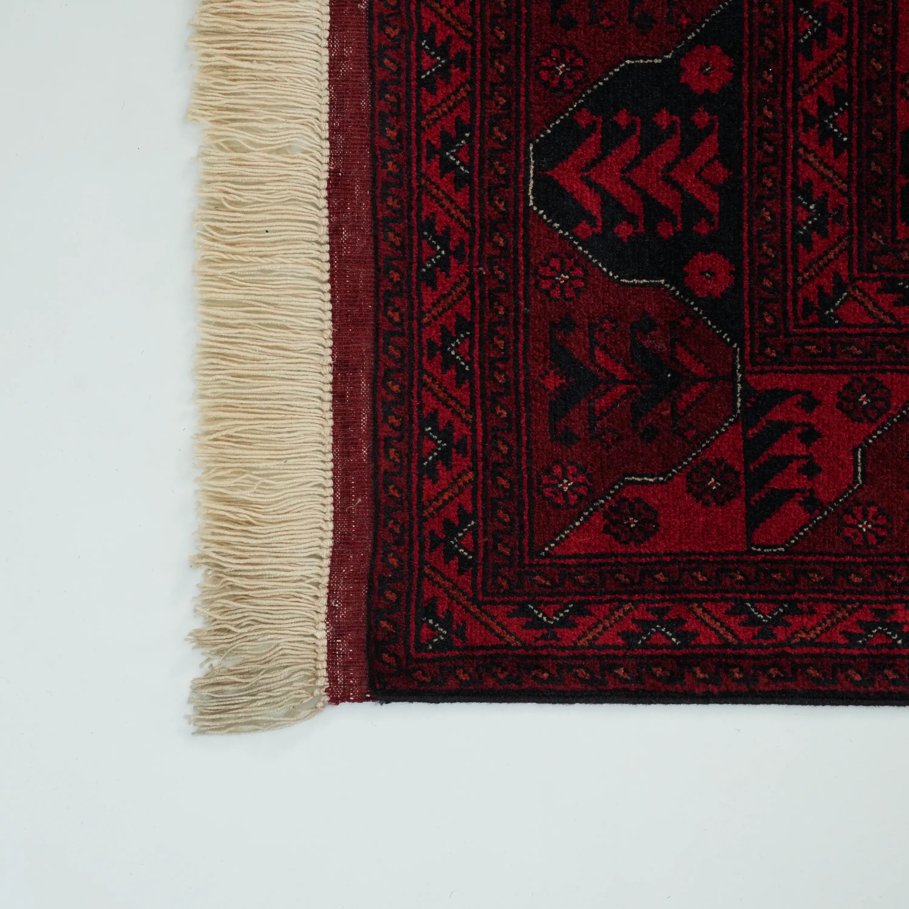 El Dokuma Afgan Desenli Bordo Yün Bilicik Koridor Halısı