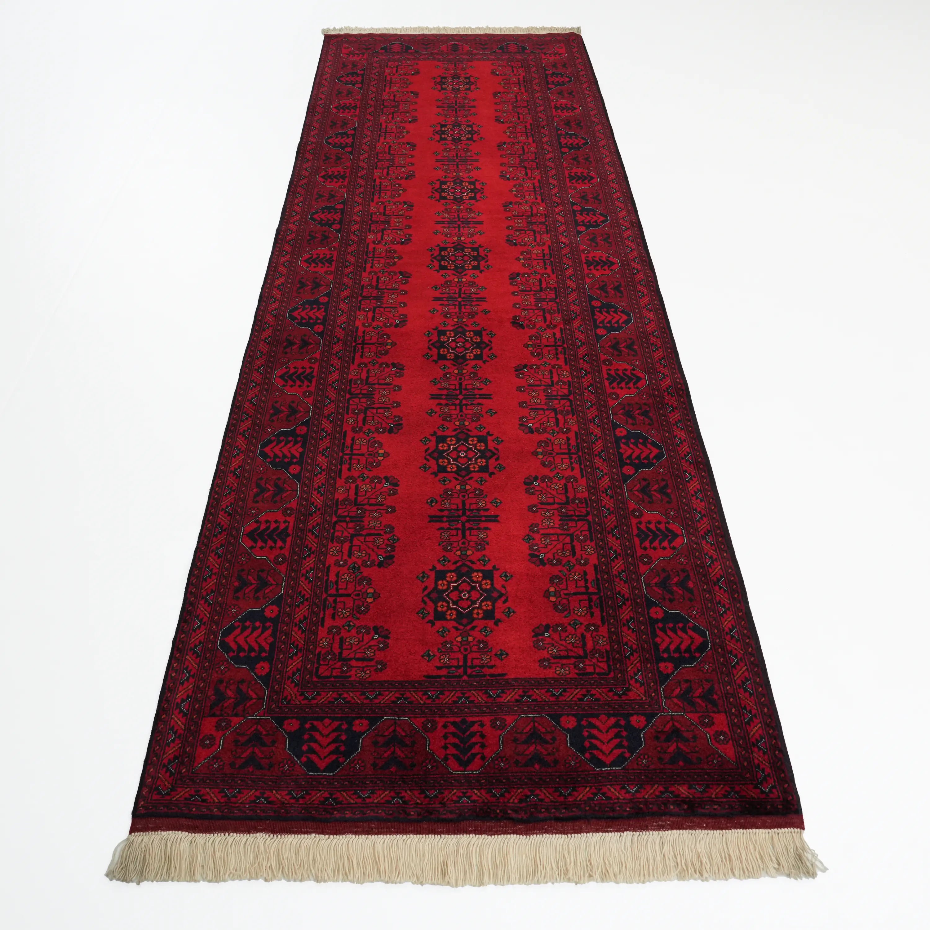 El Dokuma Afgan Desenli Bordo Yün Bilicik Koridor Halısı