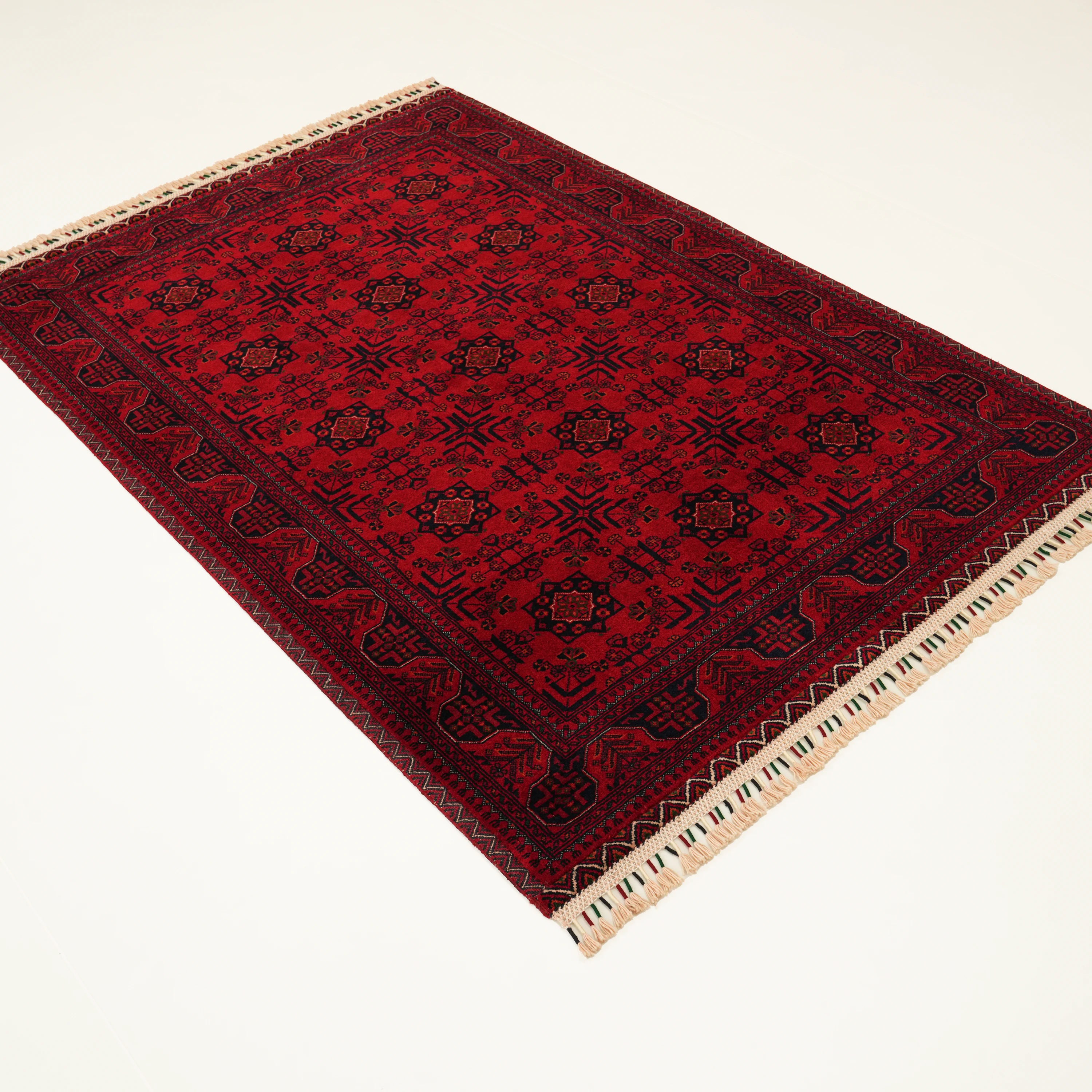 Handwoven Afghan-Patterned Burgundy Wool Ethnic Bilicik Rug