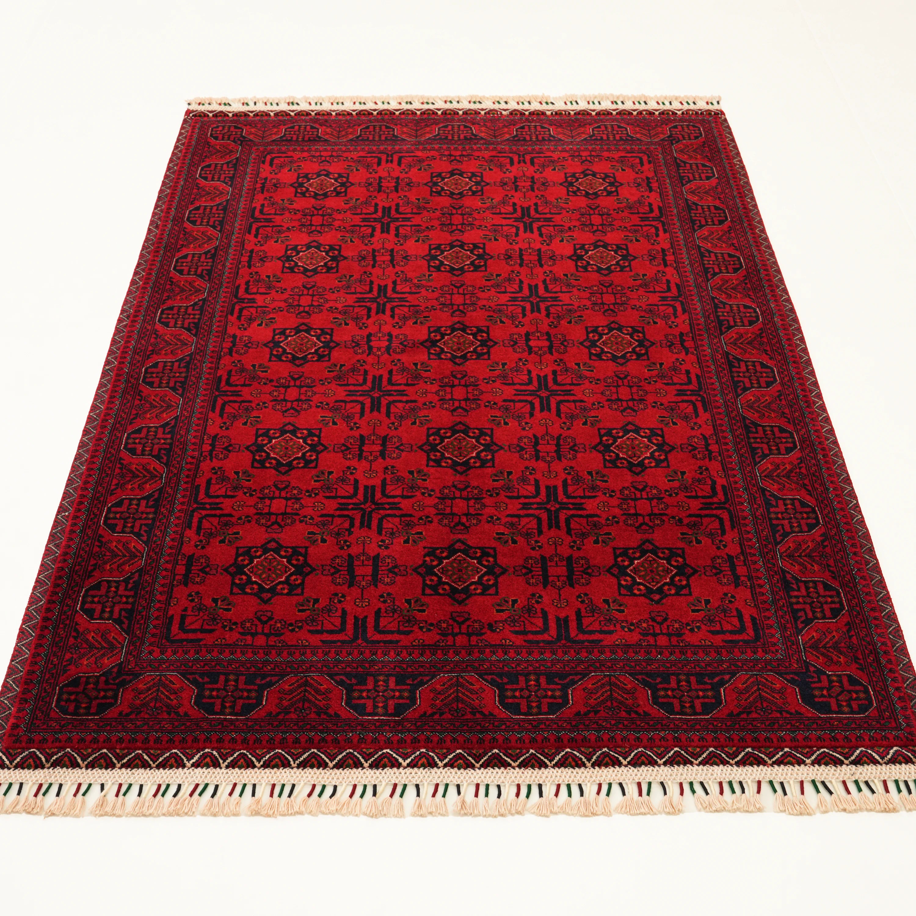 Handwoven Afghan-Patterned Burgundy Wool Ethnic Bilicik Rug