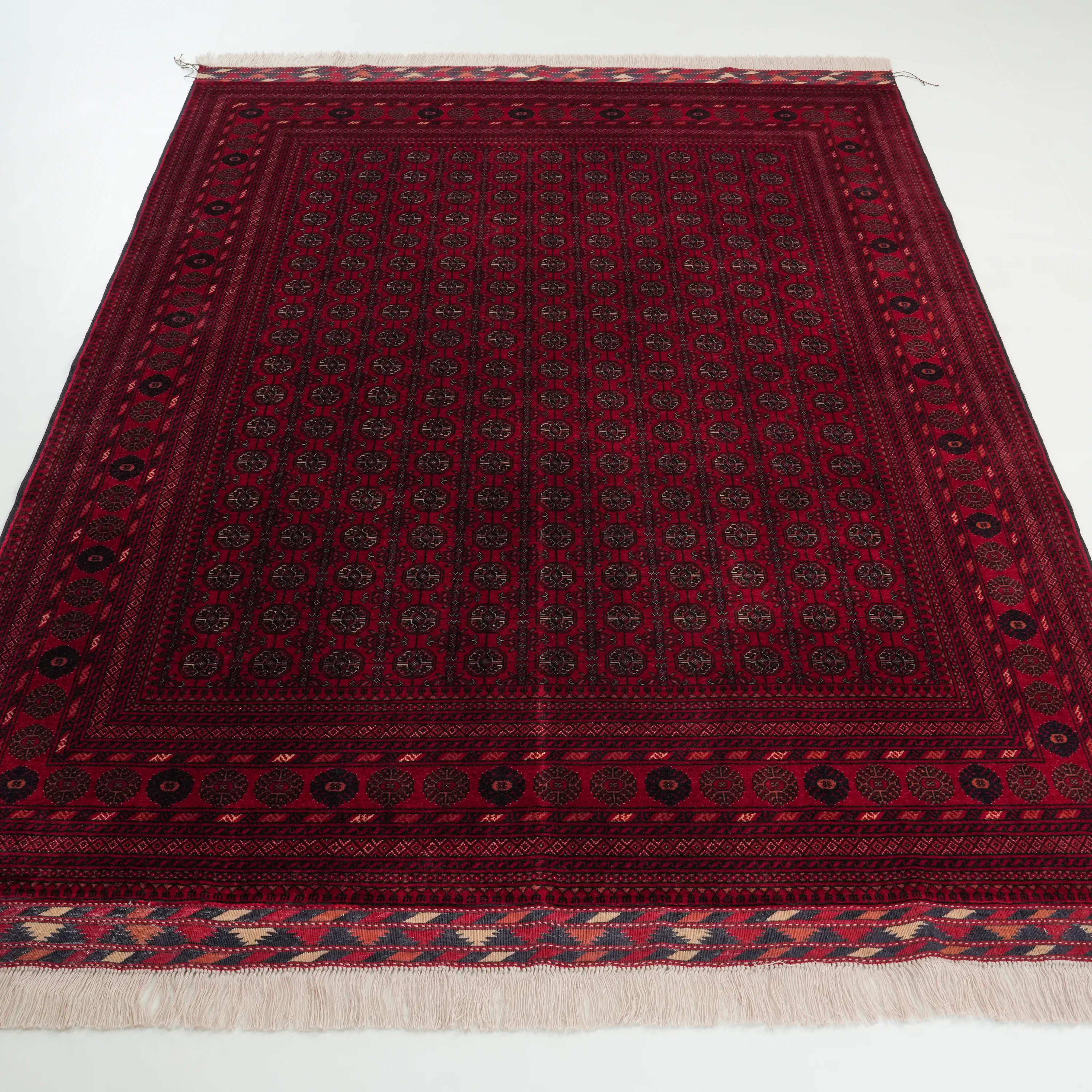 El Dokuma Afgan Desenli Bordo Yün İnce Bilicik Halı