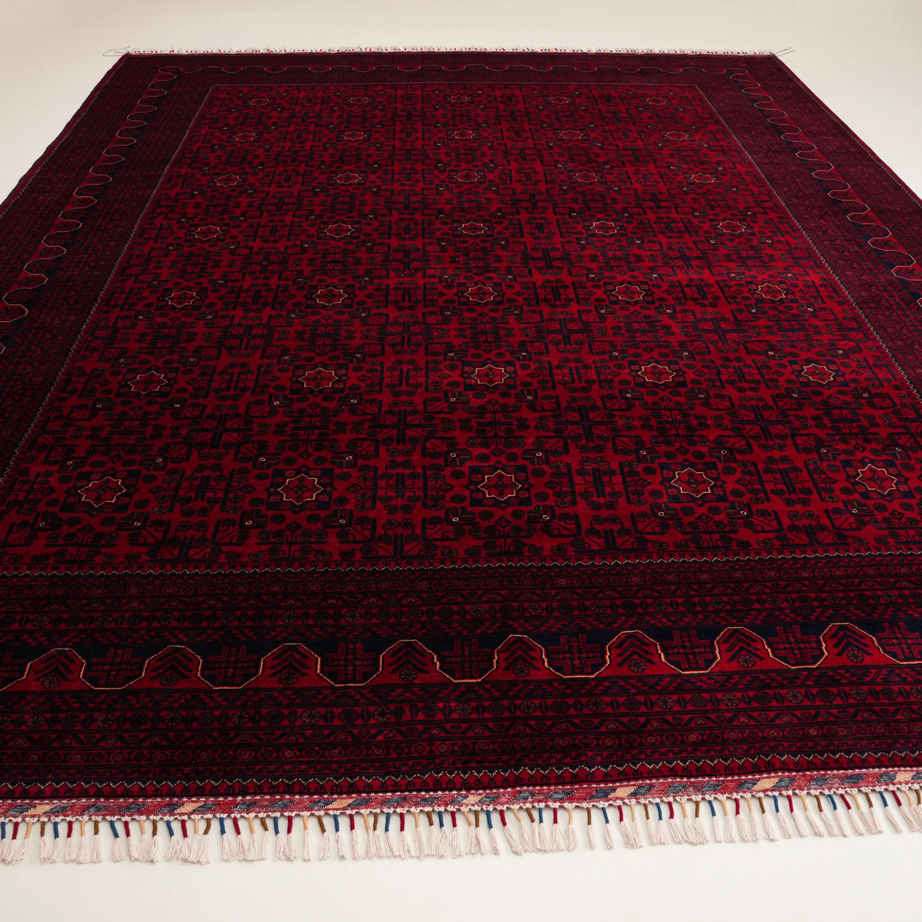 El Dokuma Afgan Desenli Bordo Yün Khamyap Halı