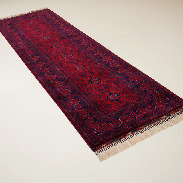 El Dokuma Afgan Desenli Etnik Bordo Yün Bilicik Halı, 86x309 cm — Halıcızade