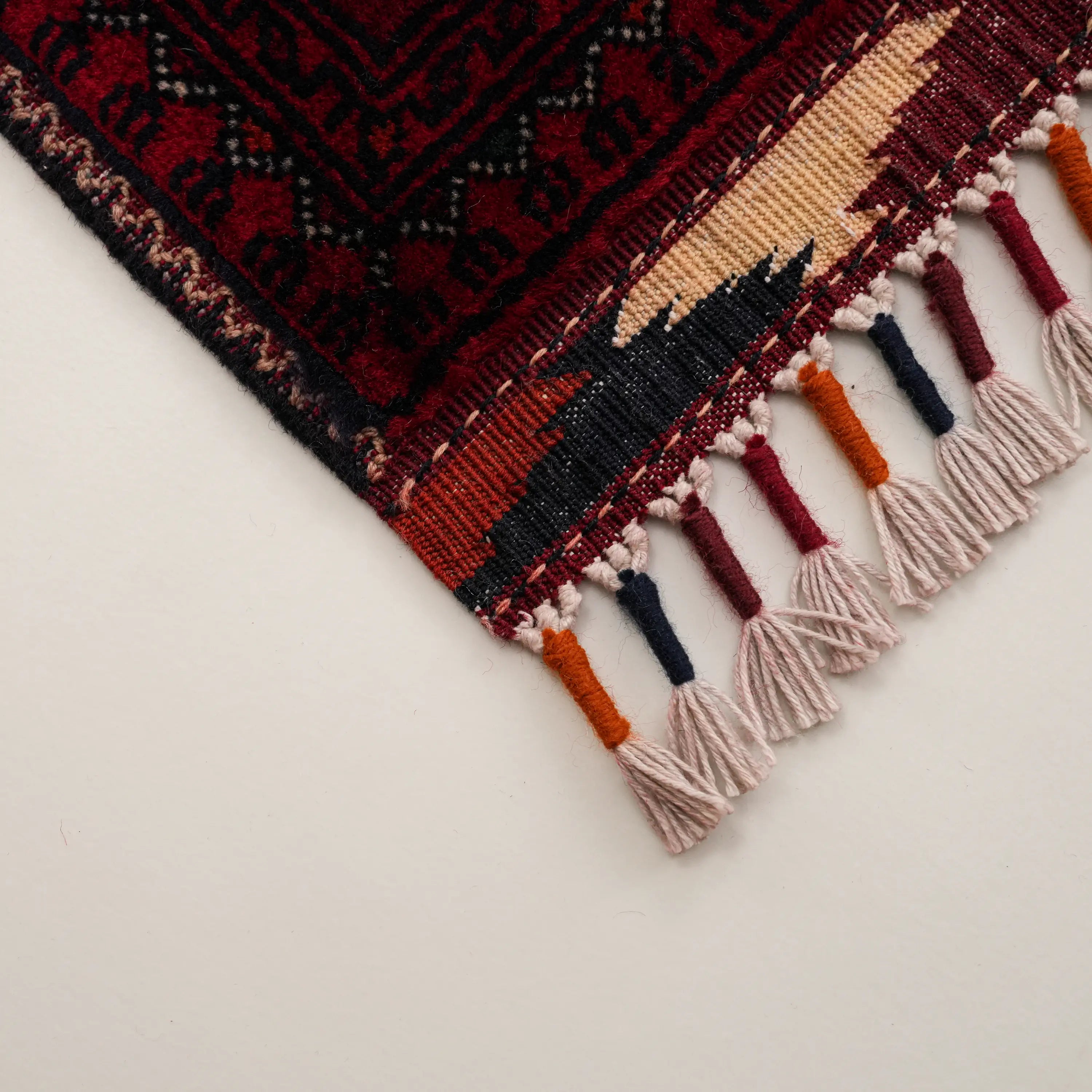 El Dokuma Afgan Desenli Etnik Bordo Yün Bilicik Halı