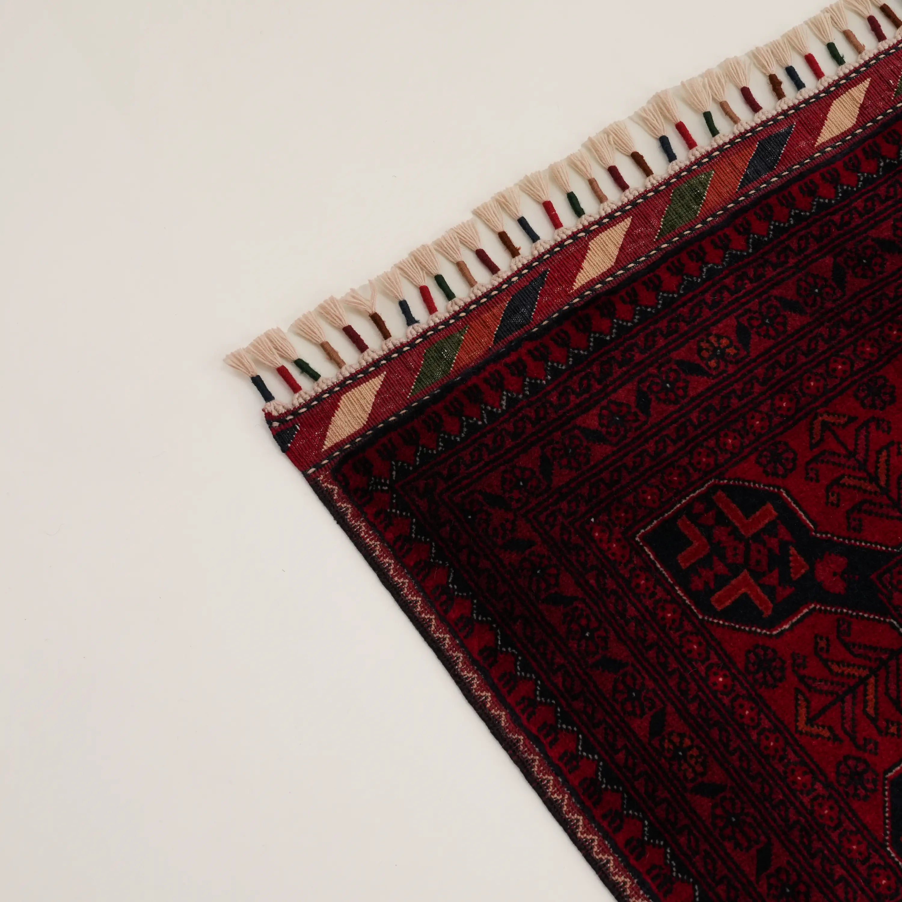 El Dokuma Afgan Desenli Etnik Yün Bordo Bilicik Halı