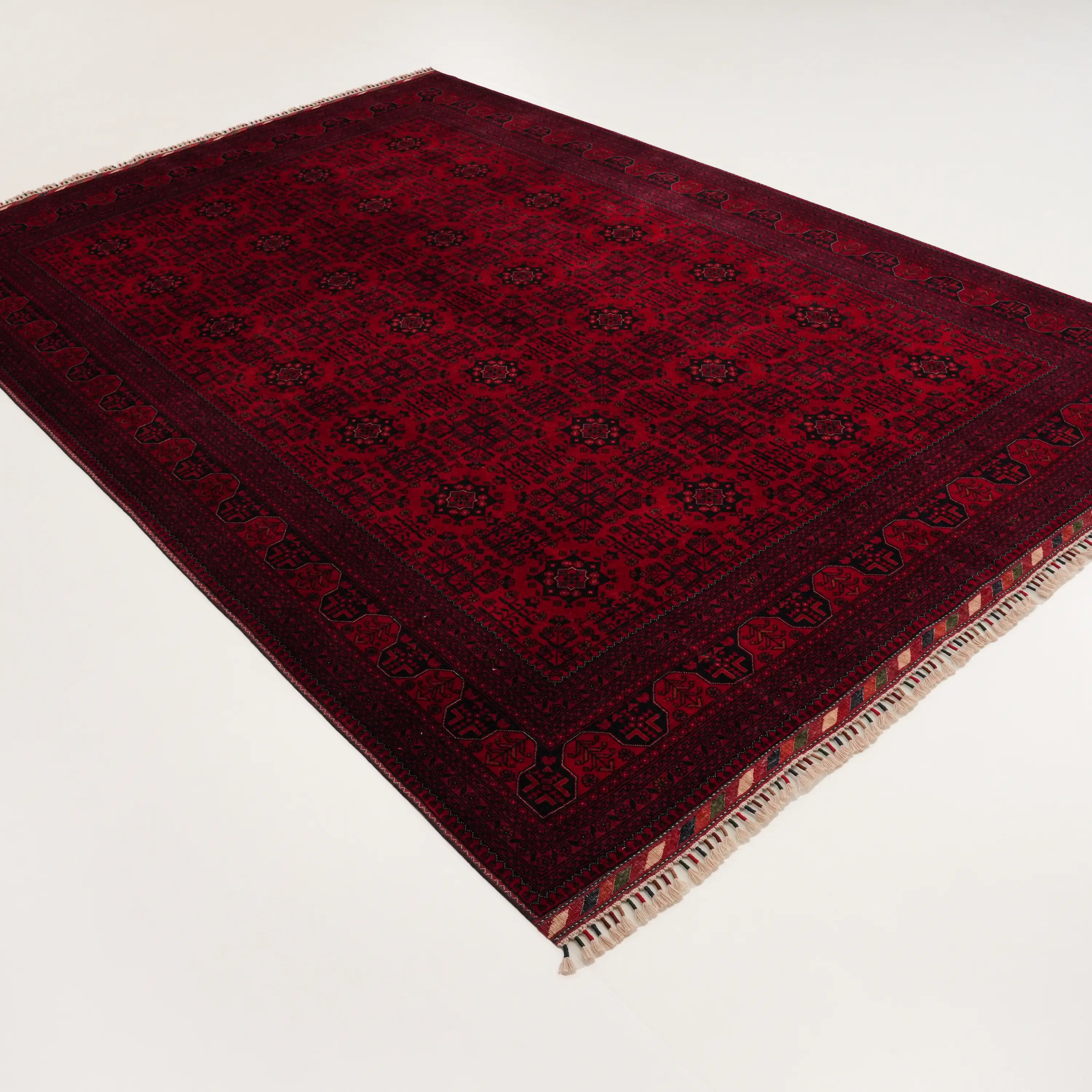 El Dokuma Afgan Desenli Etnik Yün Bordo Bilicik Halı