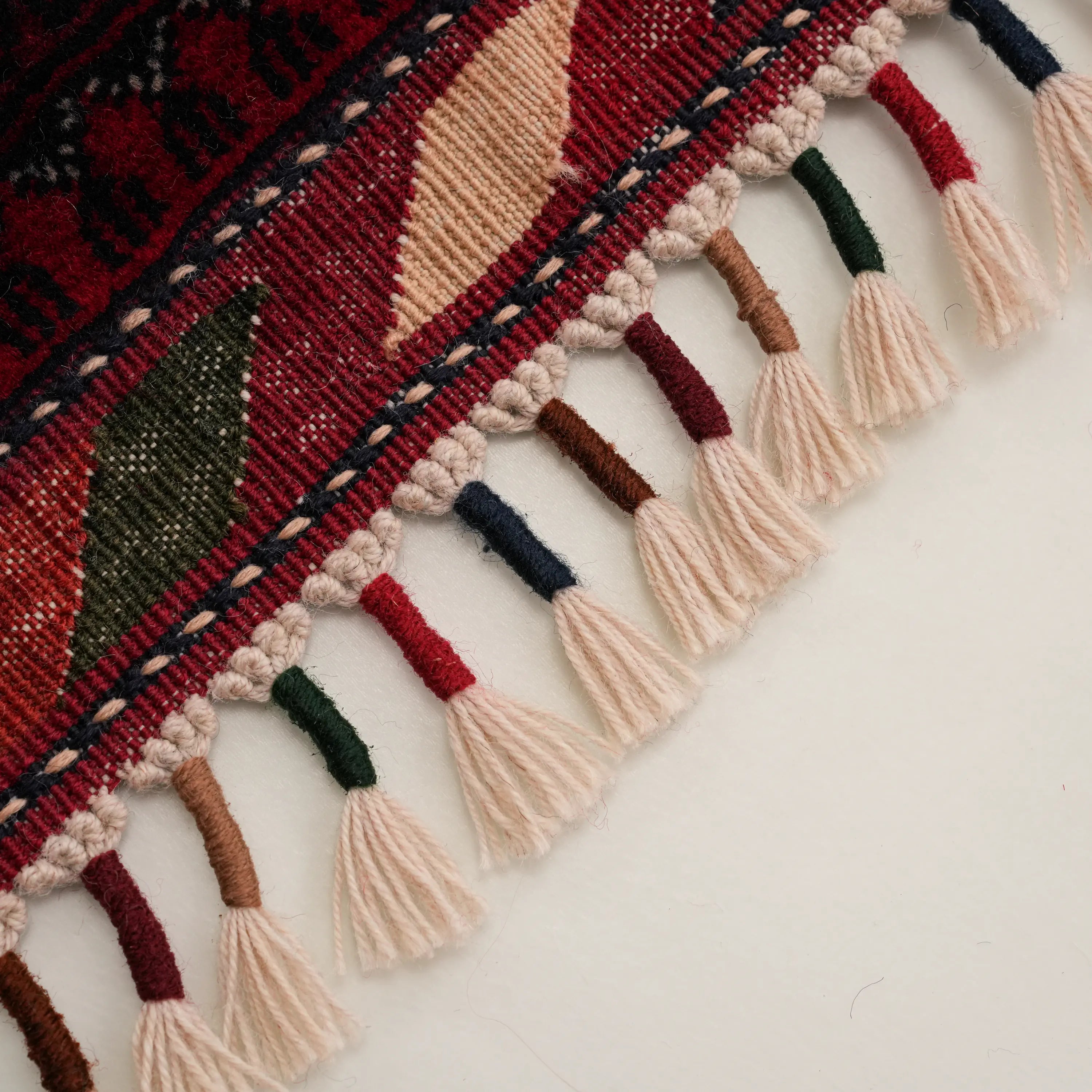 El Dokuma Afgan Desenli Etnik Yün Bordo Bilicik Halı