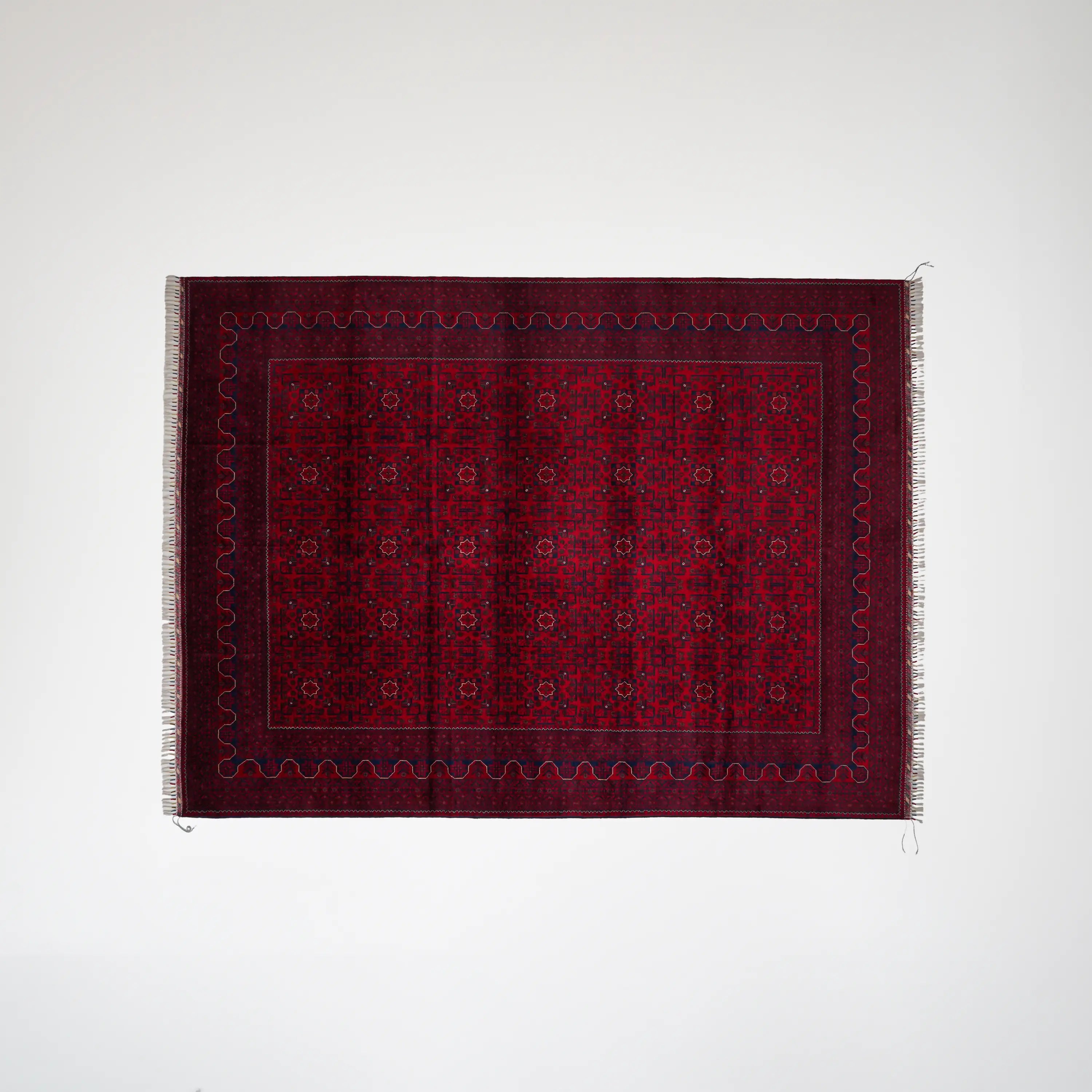 El Dokuma Afgan Desenli Yün Bordo Khamyap Halı