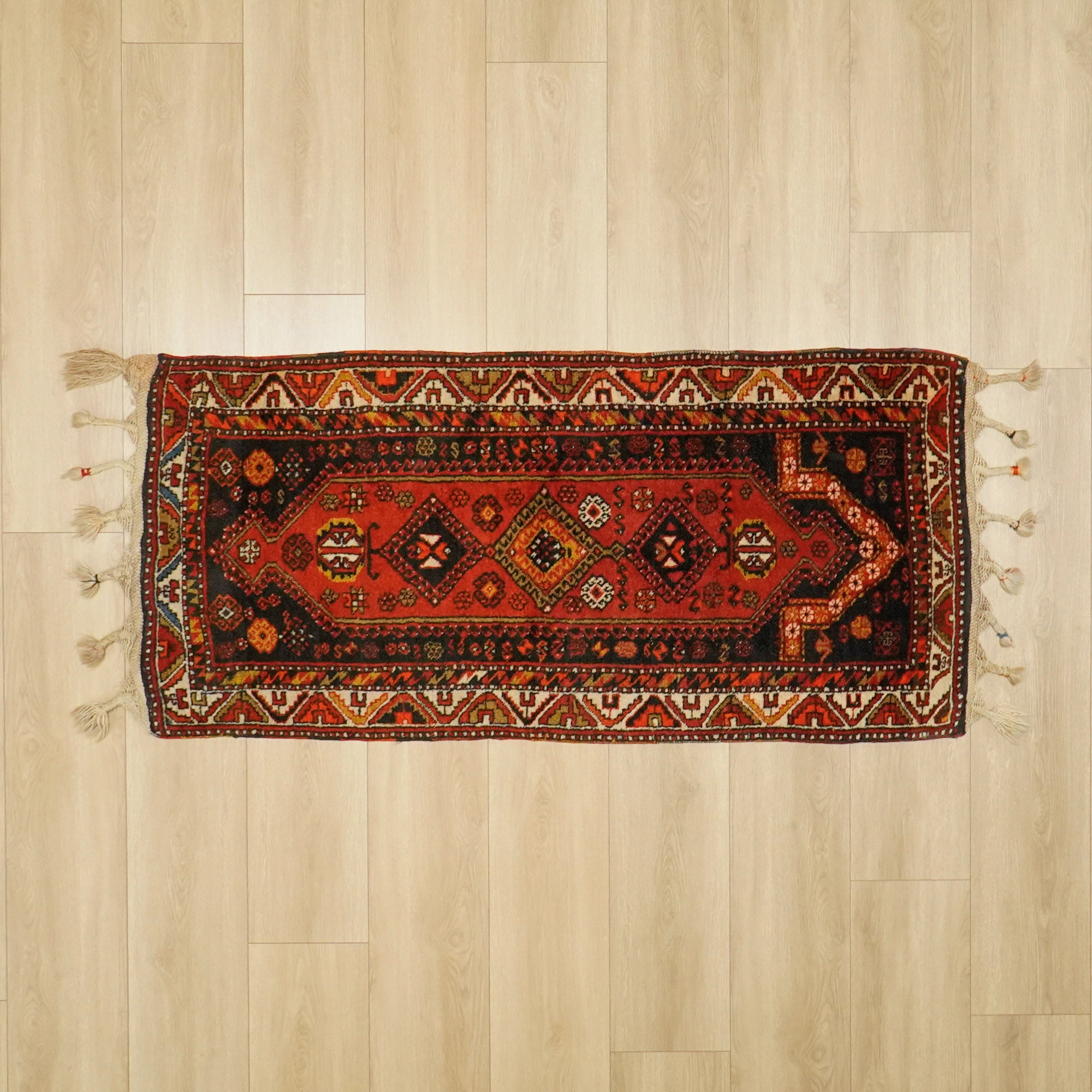 Hand Woven Anatolian Patterned Antep Kök Dye Certified 80 Year Old Orange Wool Carpet