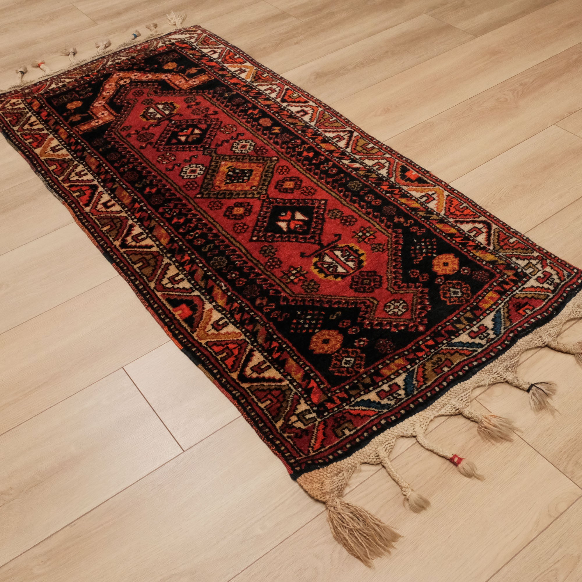 Hand Woven Anatolian Patterned Antep Kök Dye Certified 80 Year Old Orange Wool Carpet