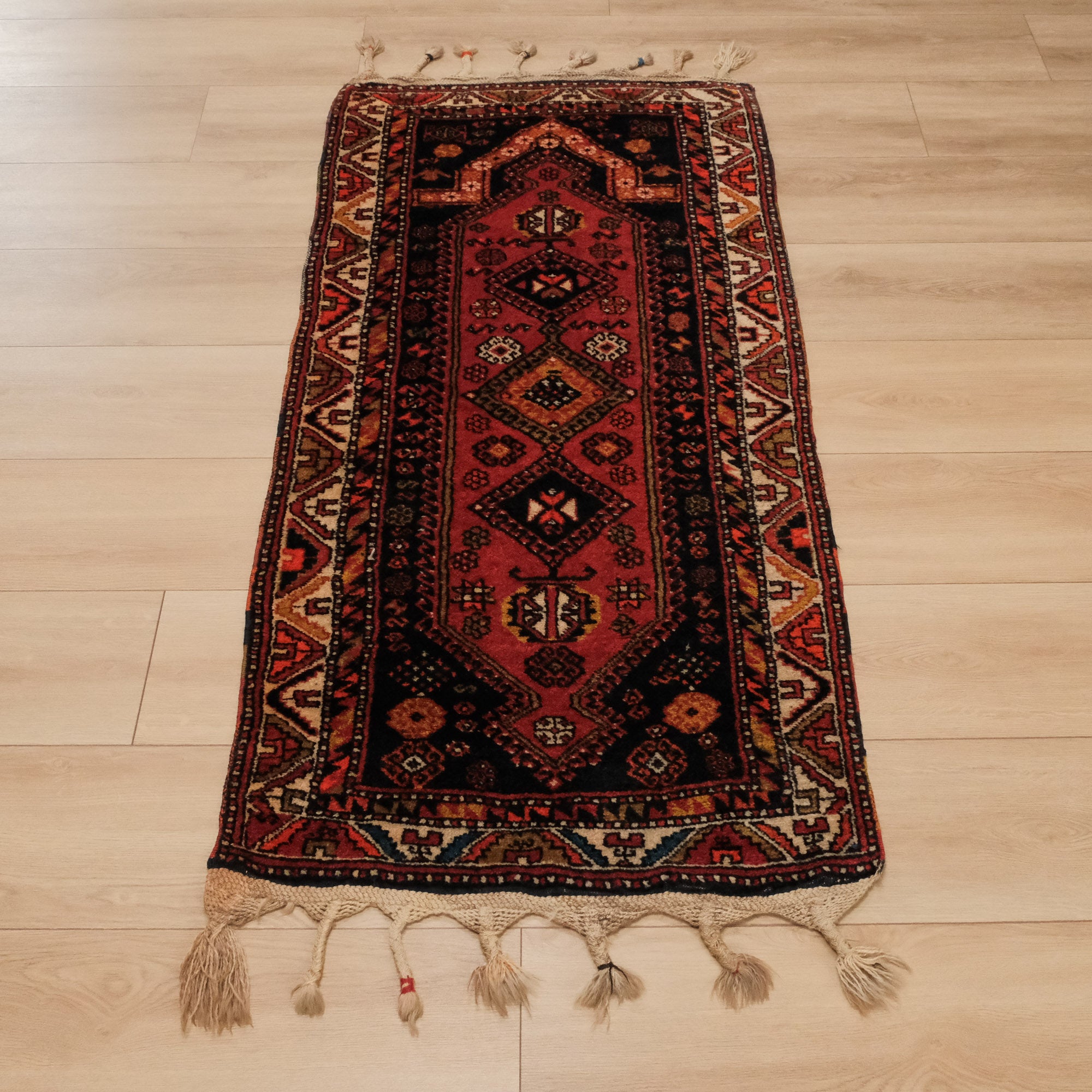Hand Woven Anatolian Patterned Antep Kök Dye Certified 80 Year Old Orange Wool Carpet