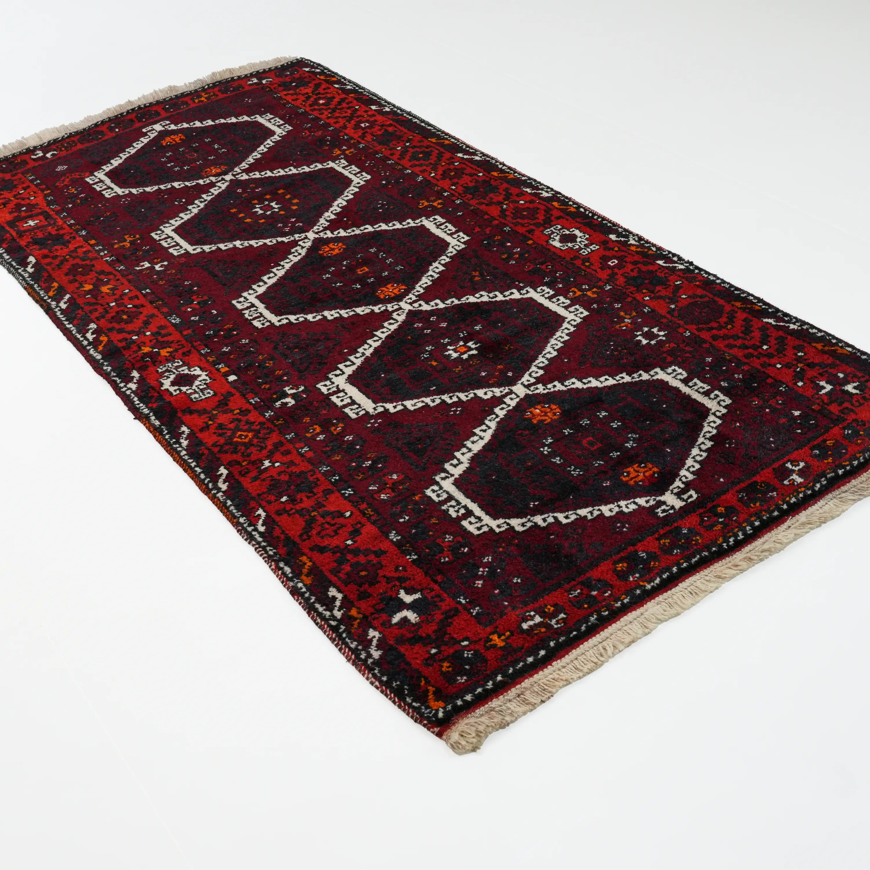 Handwoven Anatolian Patterned Burgundy 80+ Years Root Dye Kirmen Rug