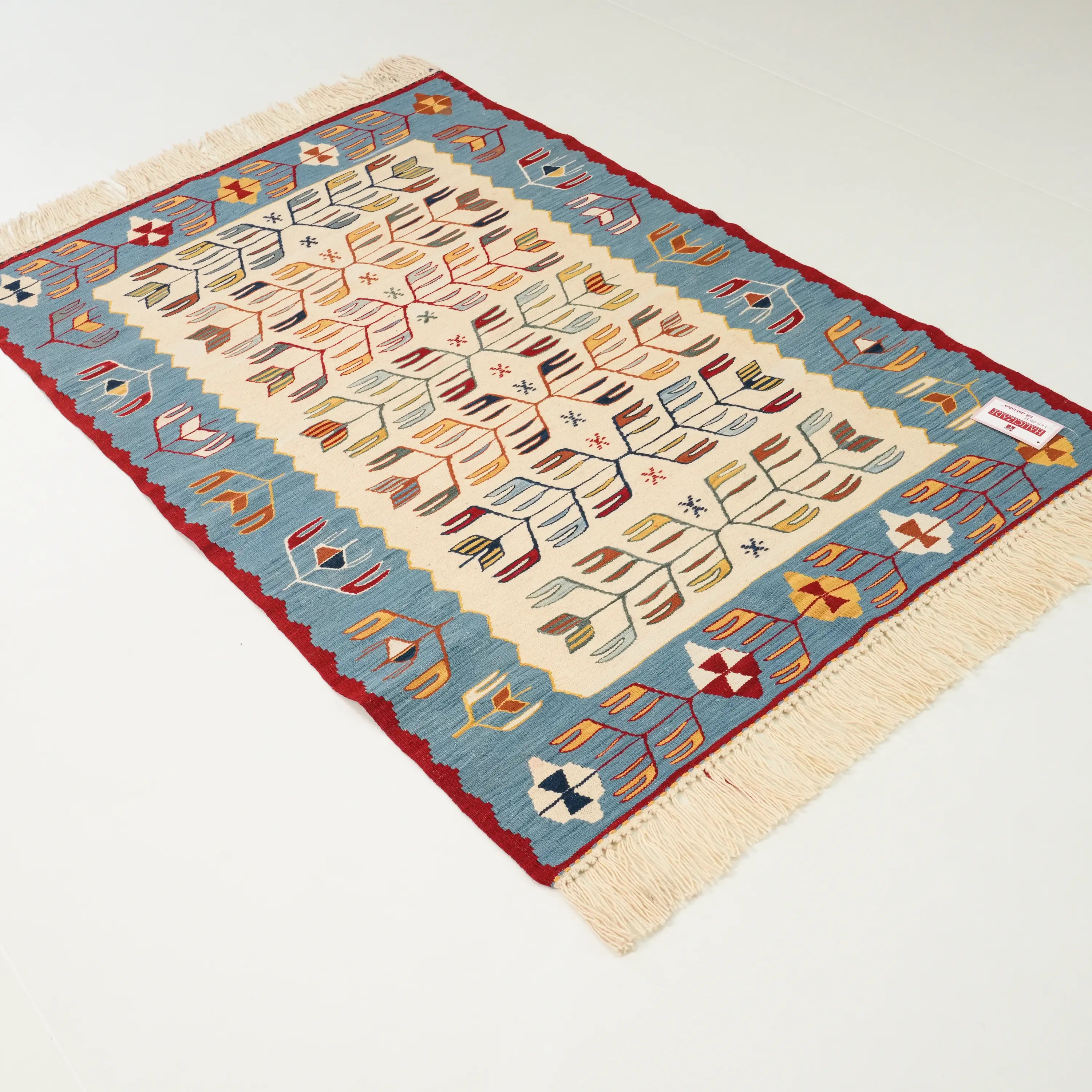 The Handwoven Anatolian Patterned Cream/Turquoise Wool Kilim