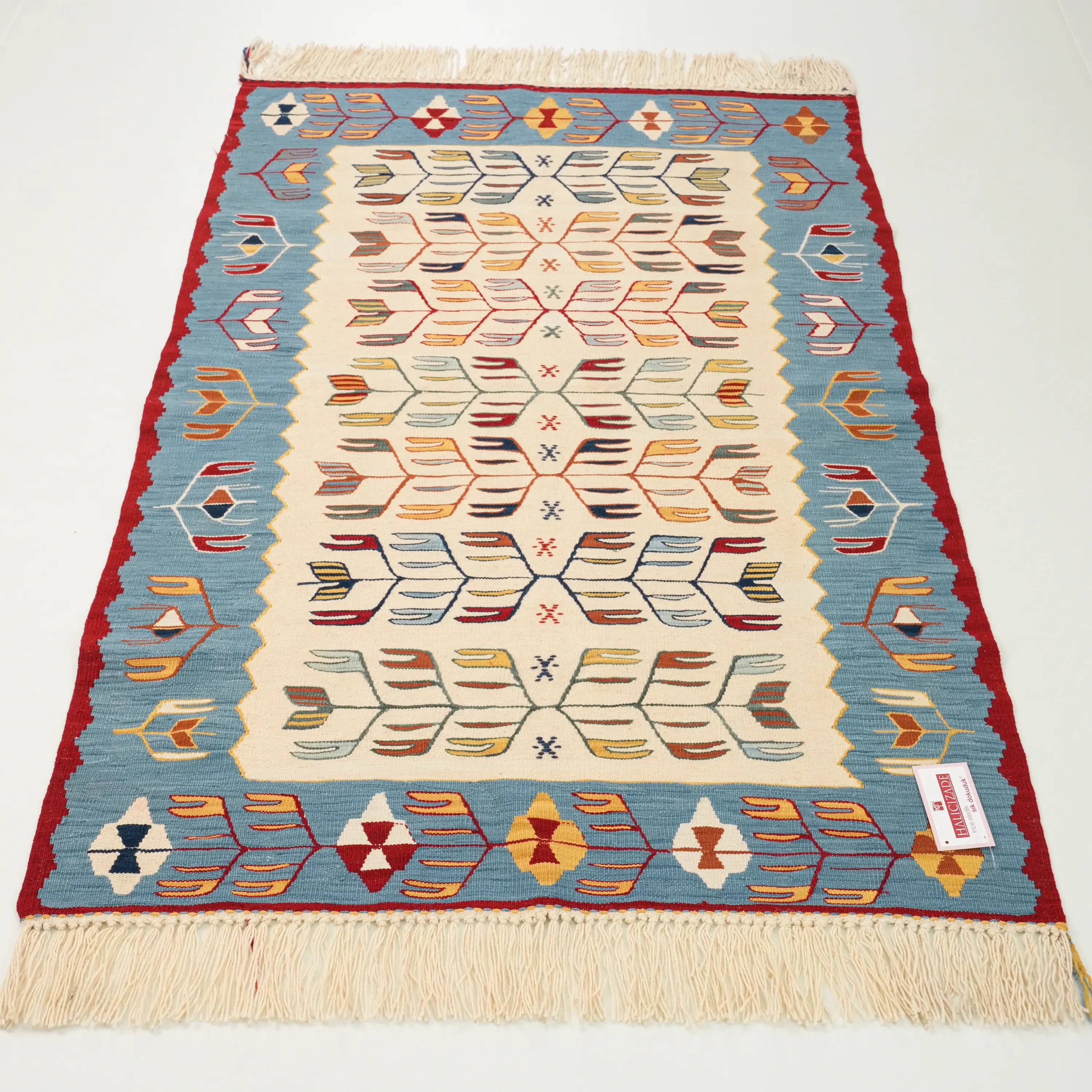 The Handwoven Anatolian Patterned Cream/Turquoise Wool Kilim