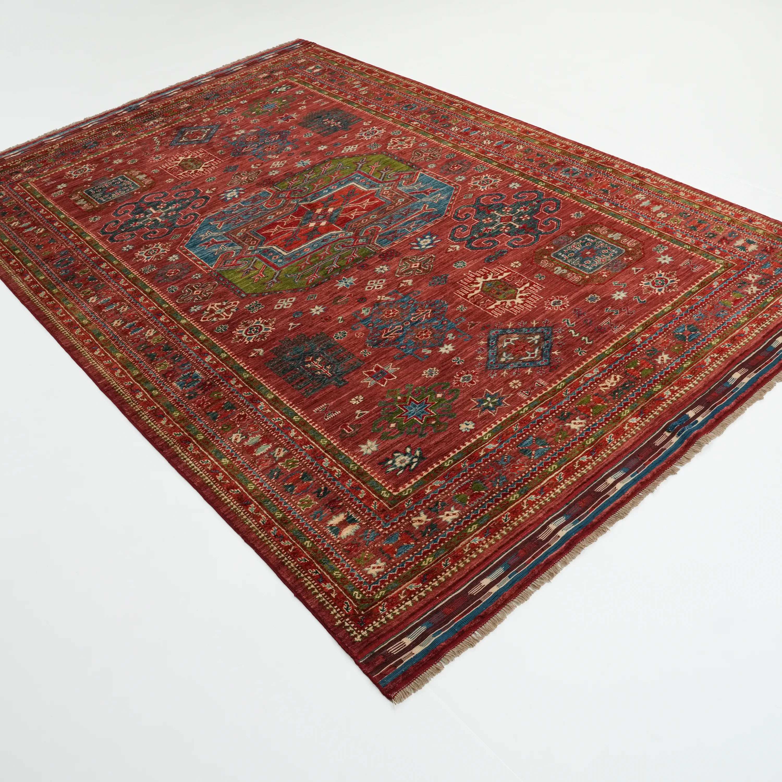 Handwoven Anatolian Patterned Colorful Wool Rug