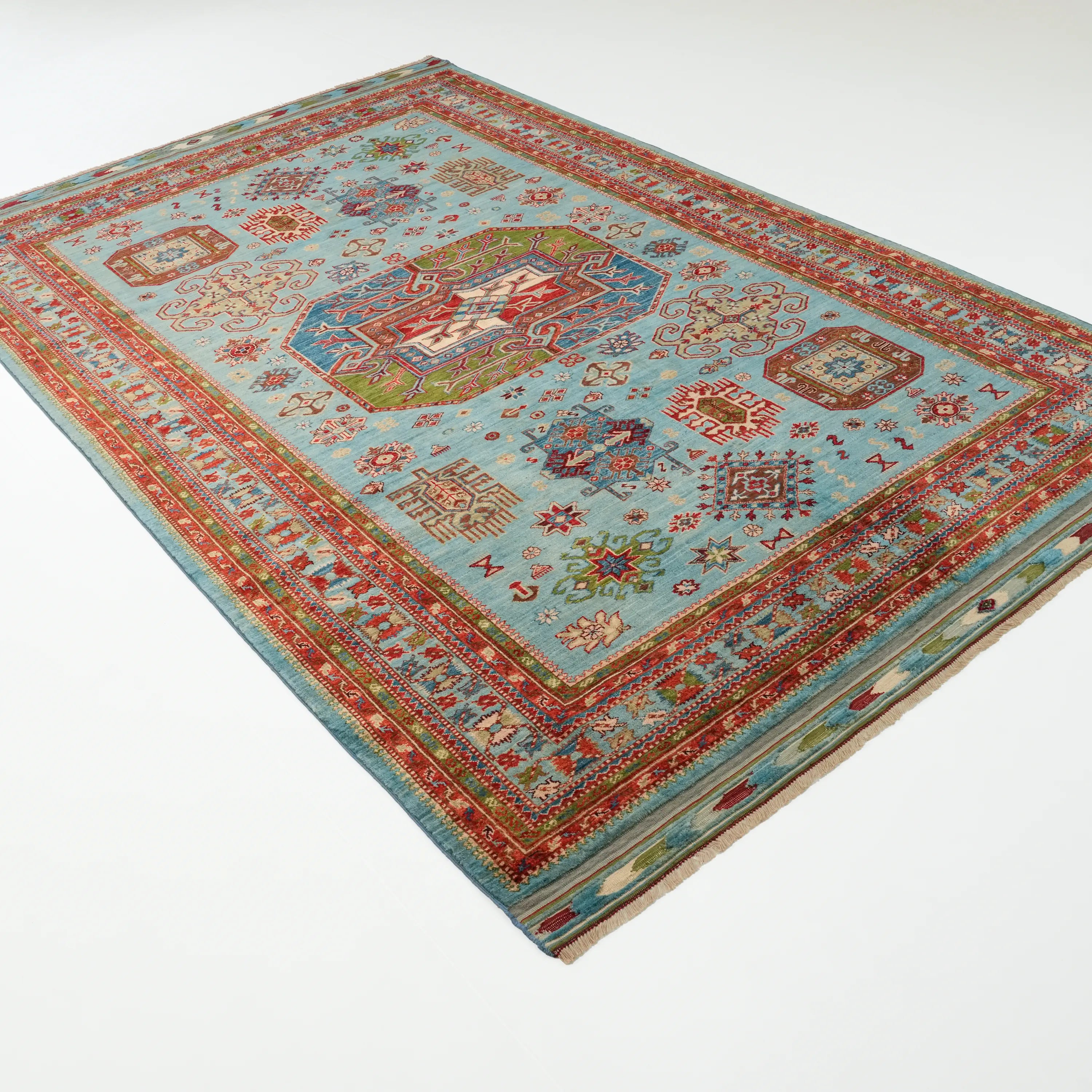 Handwoven Anatolian Patterned Turquoise Wool Rug